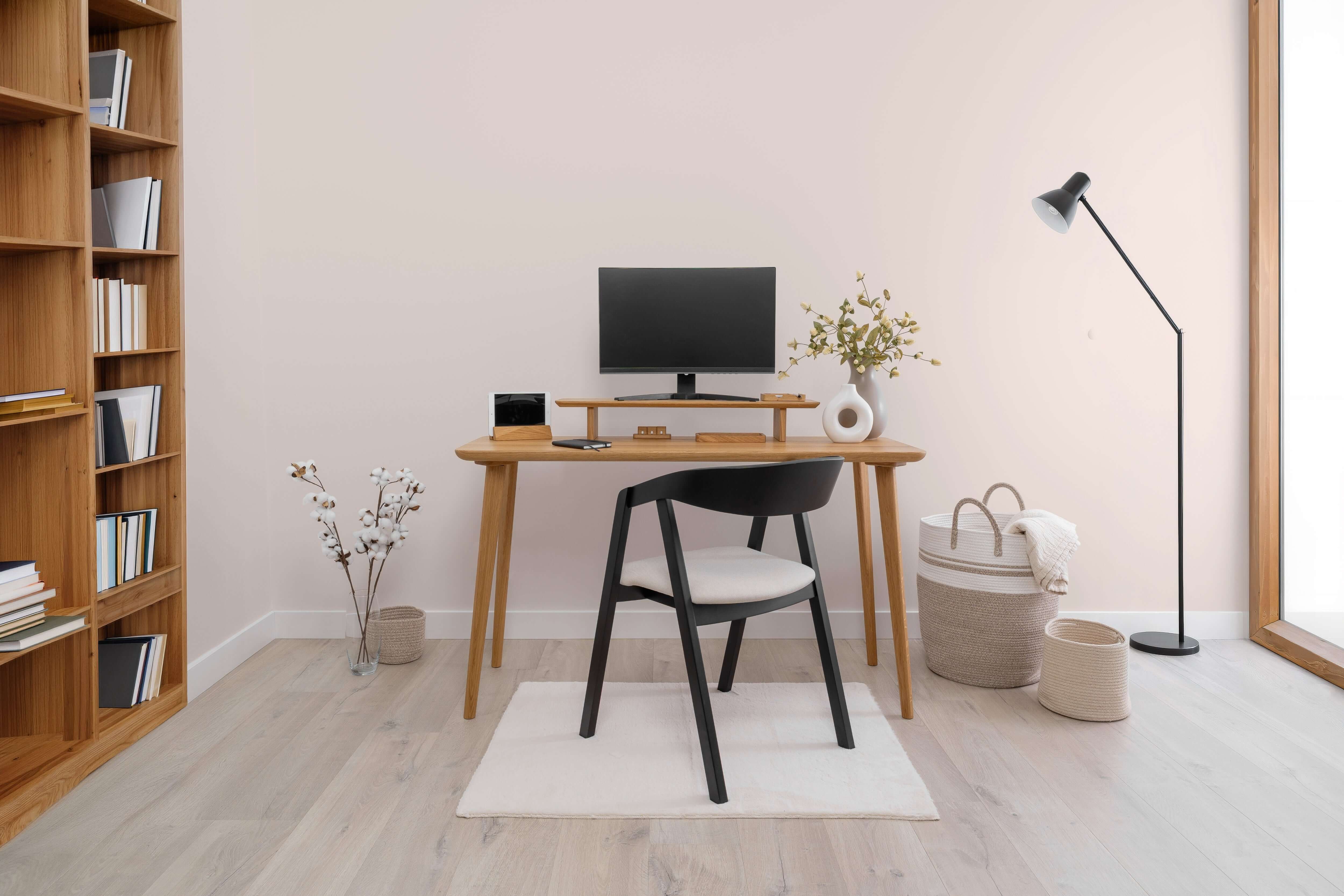 Desk ORIGIN in a modern workspace featuring solid wood construction and minimalist decor.
