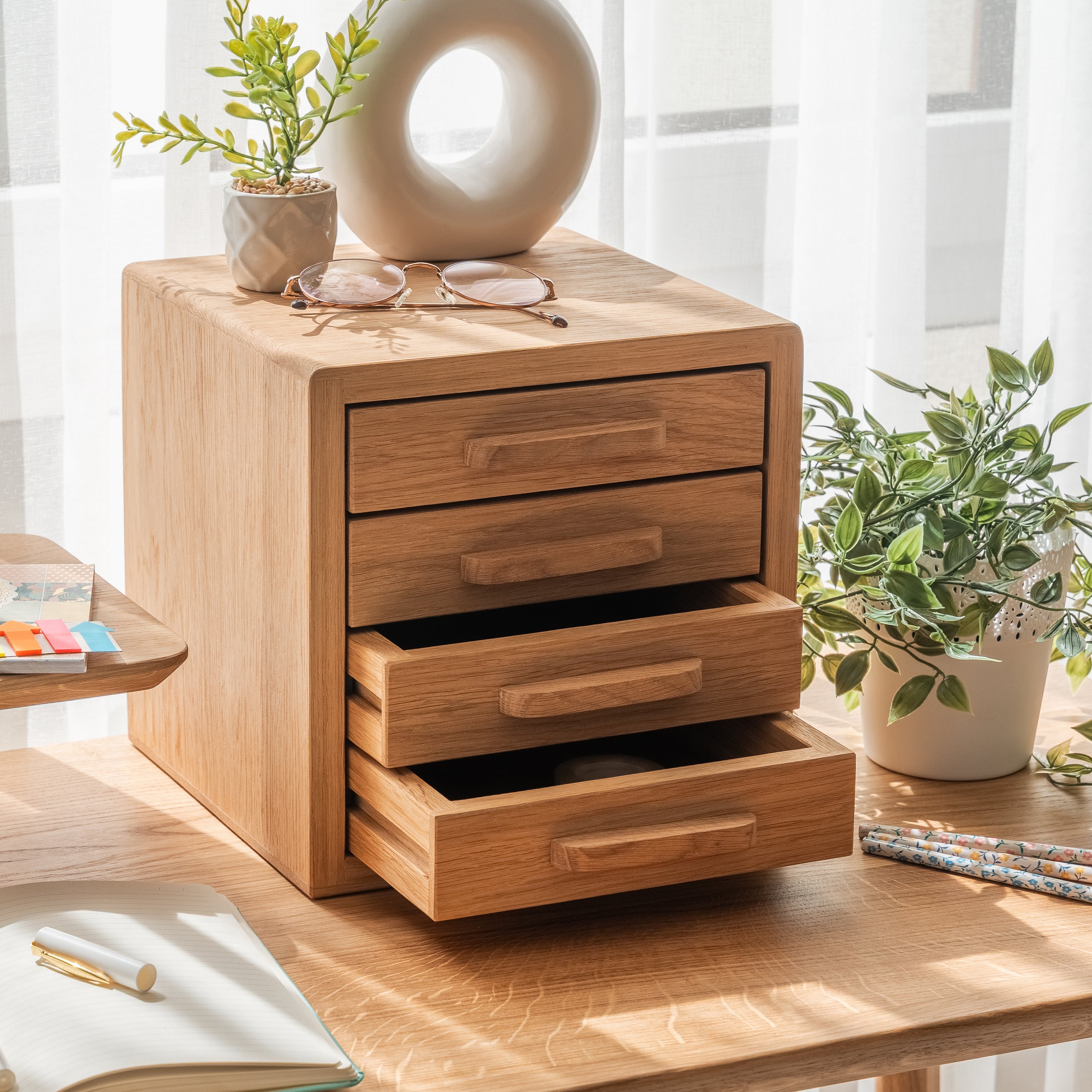 Drawer Storage Organizer - Oak on a wooden desk, neatly organizing small office accessories.