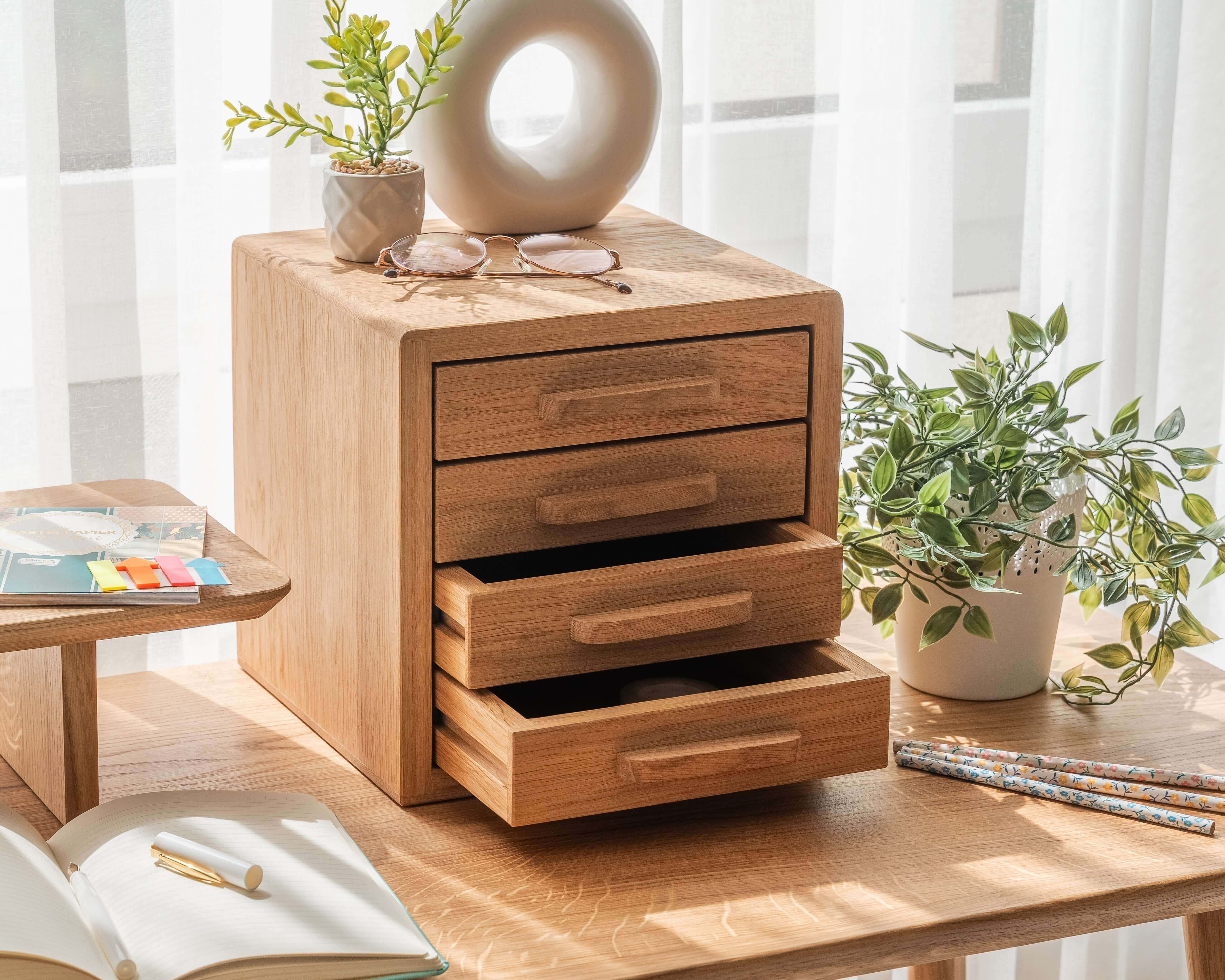 Drawer Storage Organizer - Oak on a wooden desk, neatly organizing small office accessories.