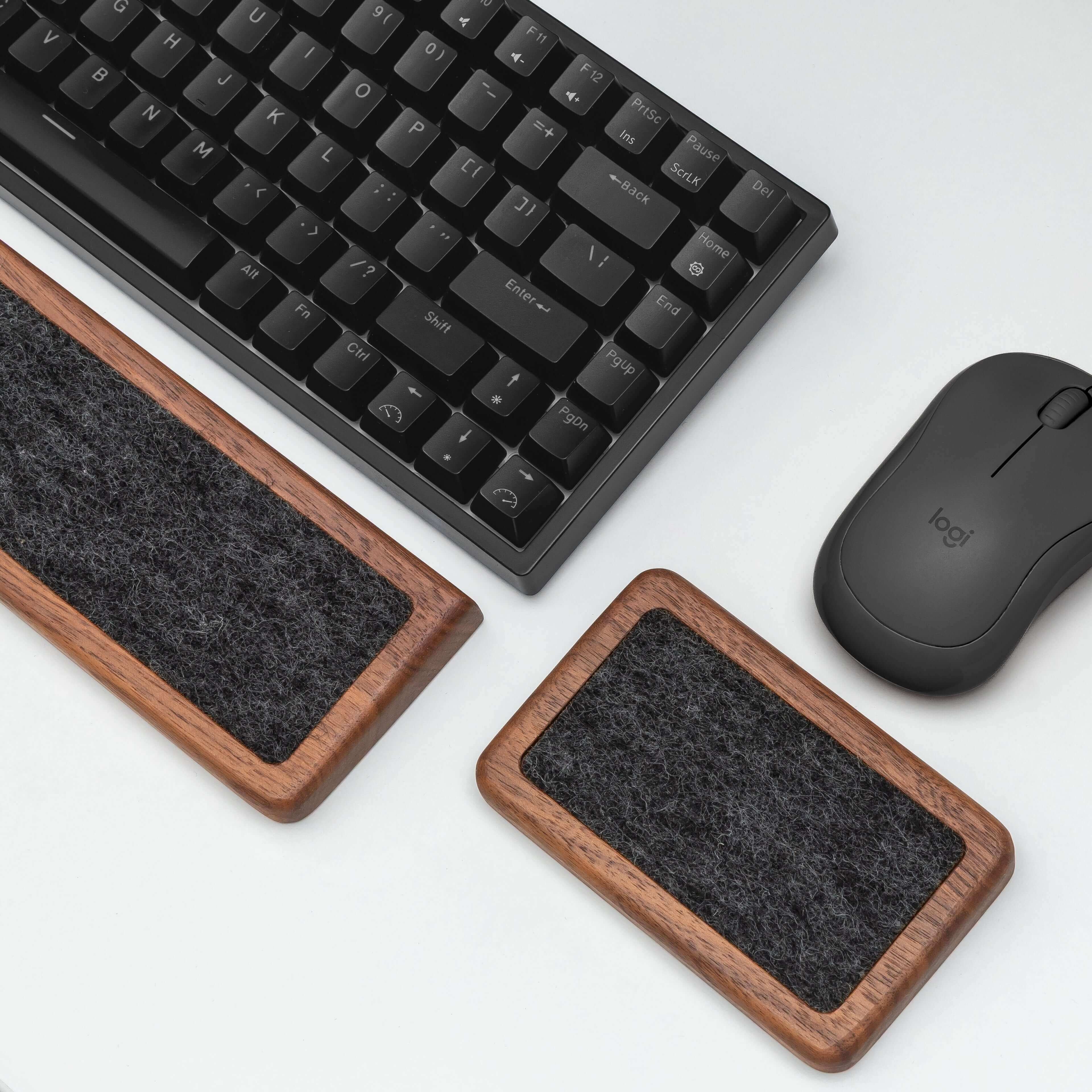 Mouse Wrist Rest - Walnut next to a keyboard and mouse on a desk, showcasing ergonomic design for comfort.