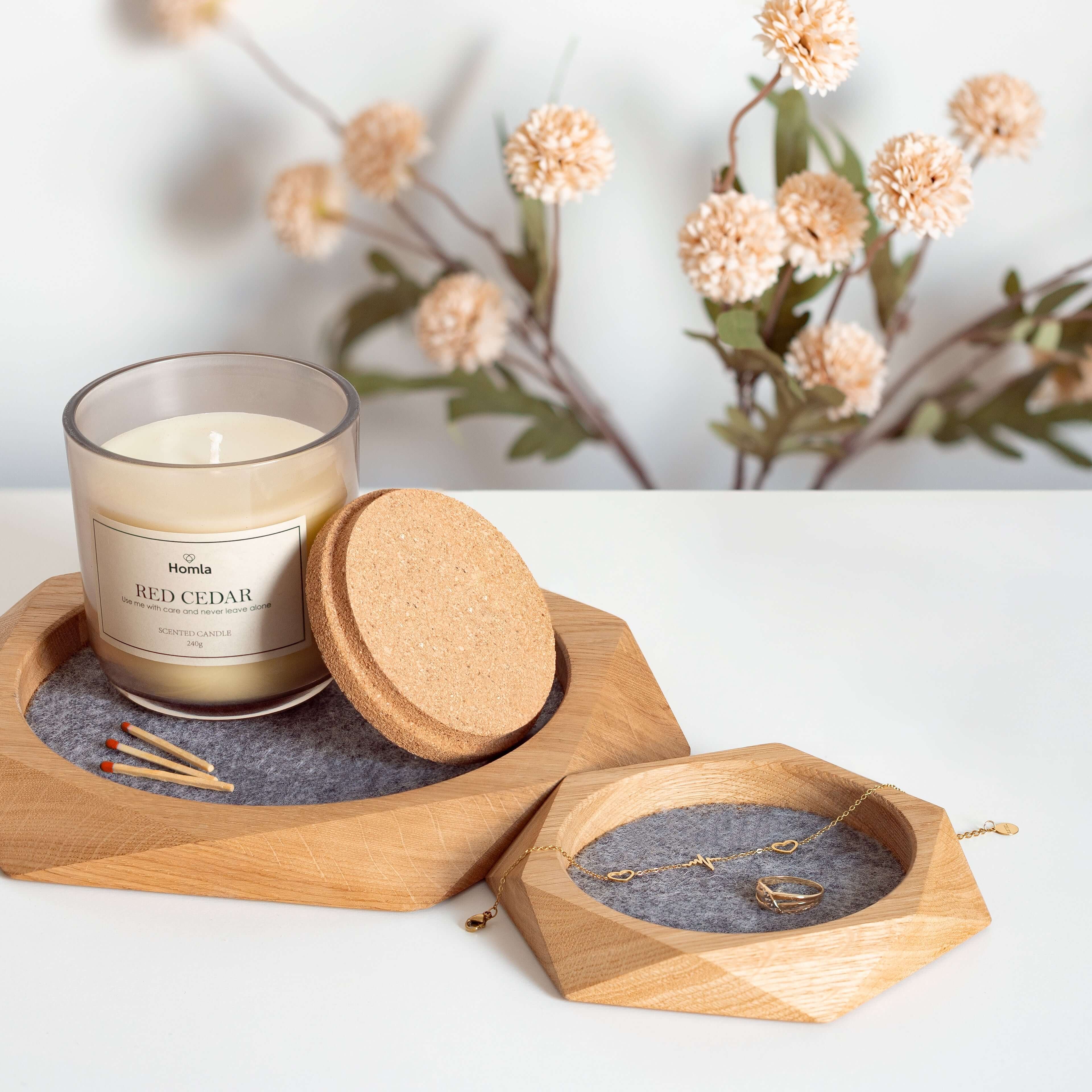 Geometric Wooden Tray made of oak with felt lining, showcasing a candle and organized jewelry.