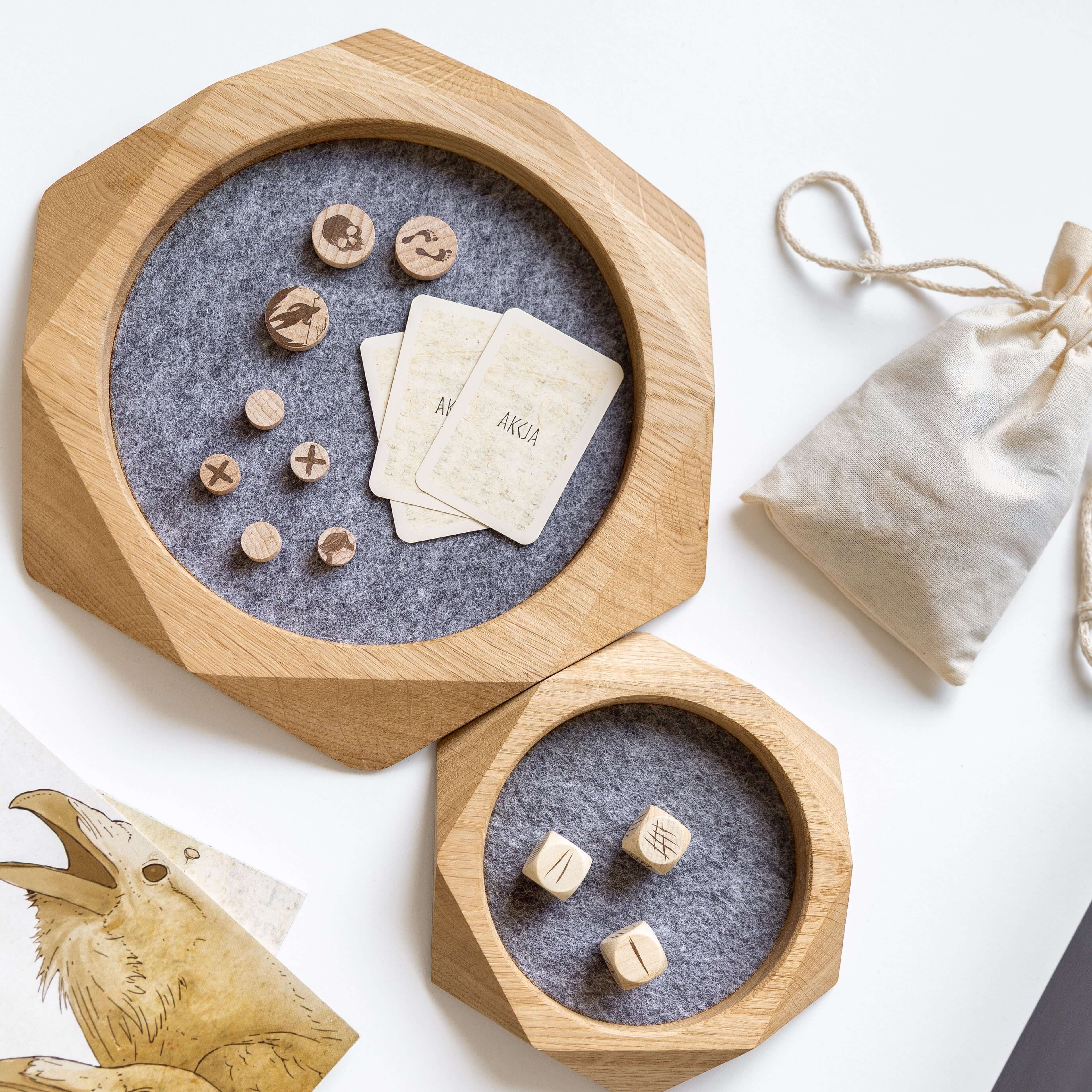 Geometric Wooden Tray made from oak with felt lining, showcasing cards, dice, and tokens, ideal for organizing and gaming.