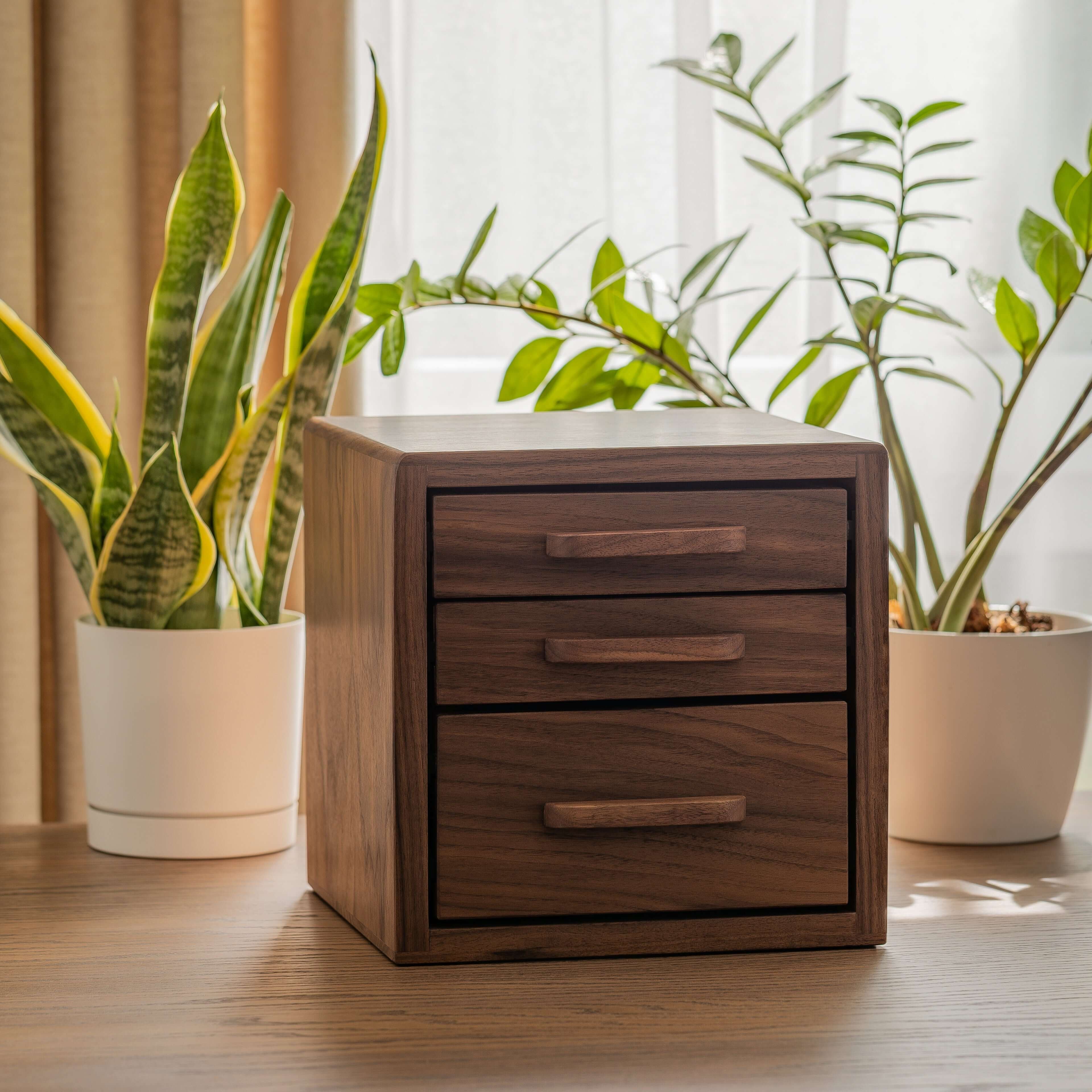 Drawer Storage Organizer in walnut finish with three drawers on a desk surrounded by indoor plants.