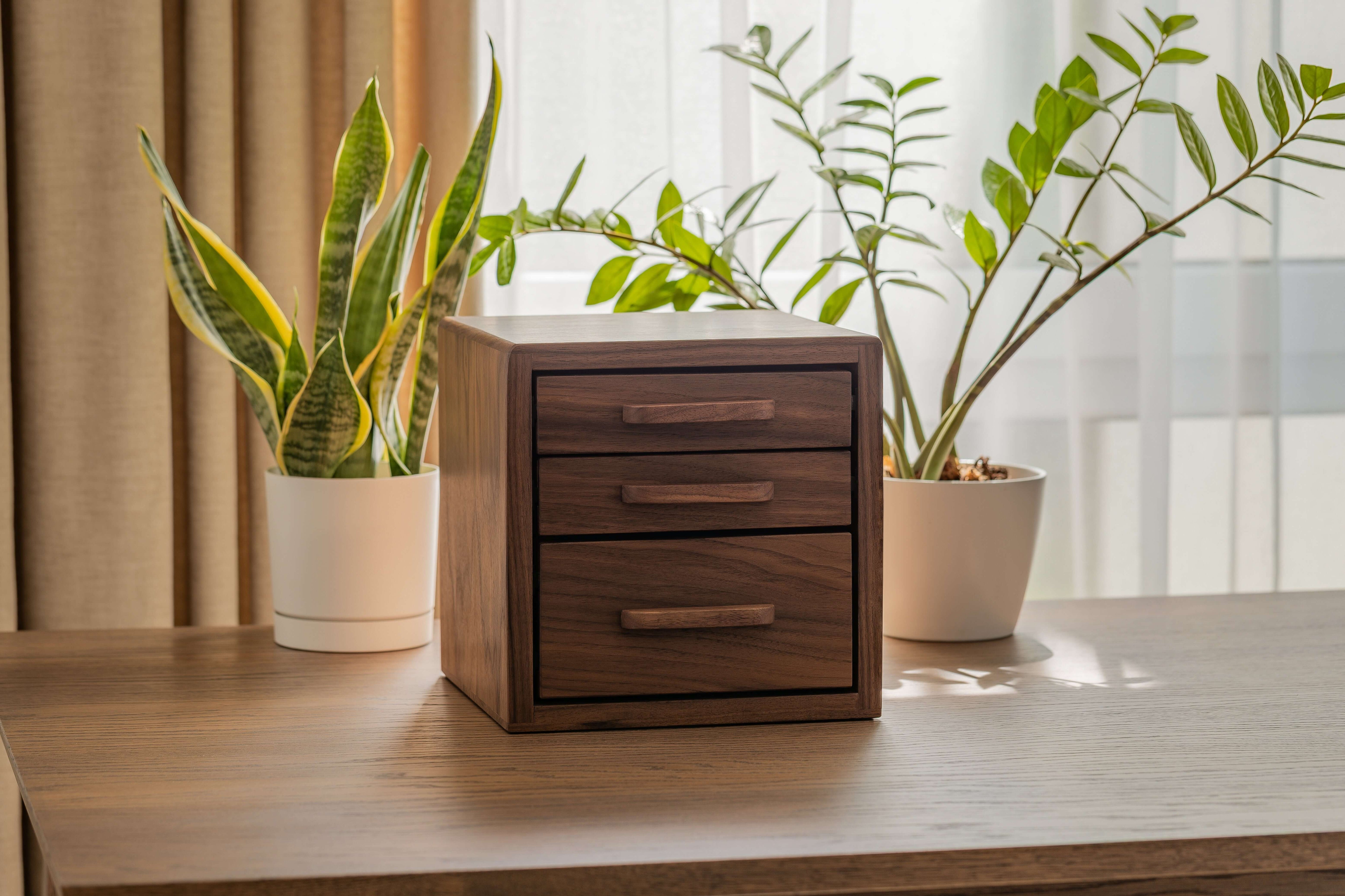 Drawer Storage Organizer in walnut finish with three drawers on a desk surrounded by indoor plants.