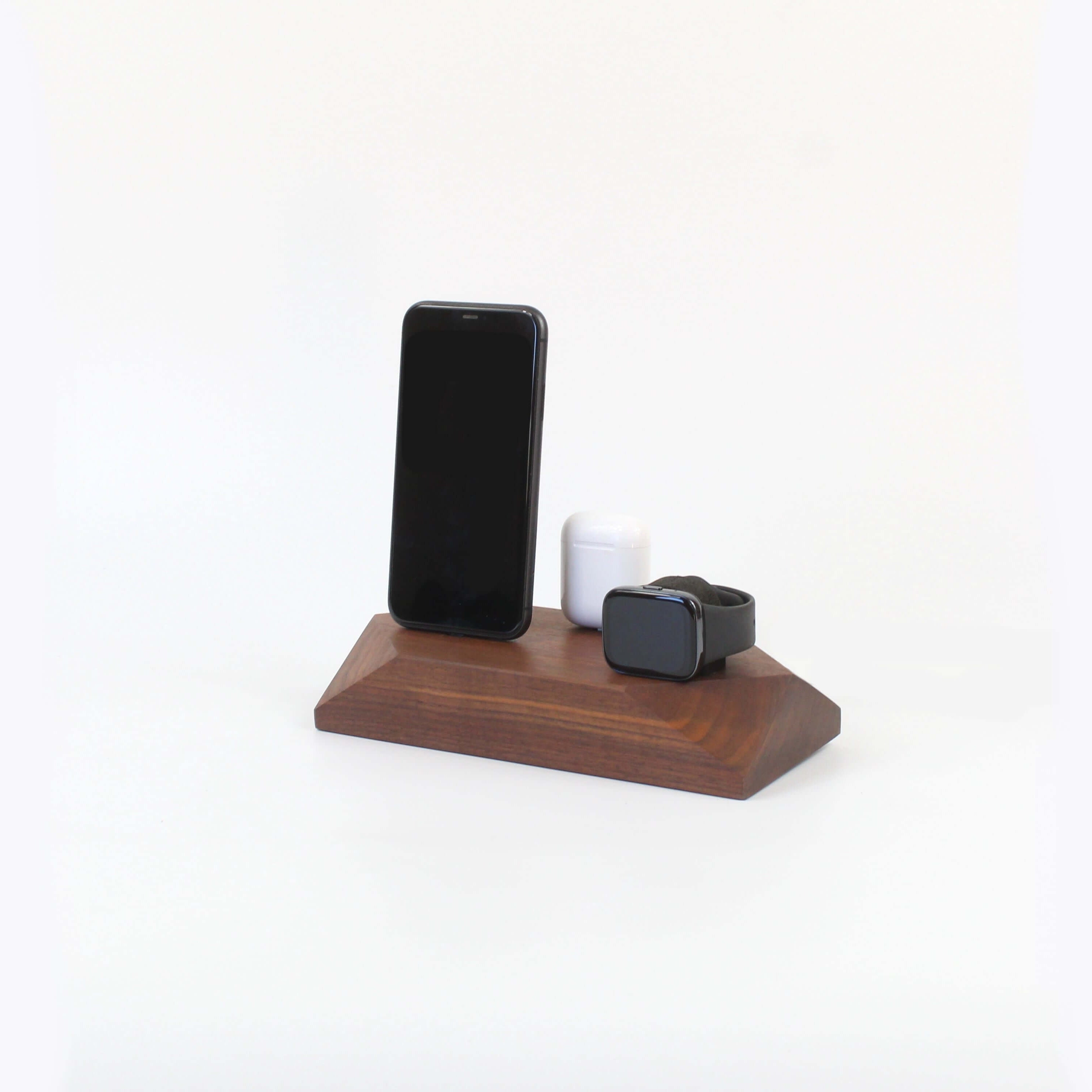 Walnut Triple Docking Station for smartphones and Apple Watch, perfect 3-1 charging station and stylish phone accessory.