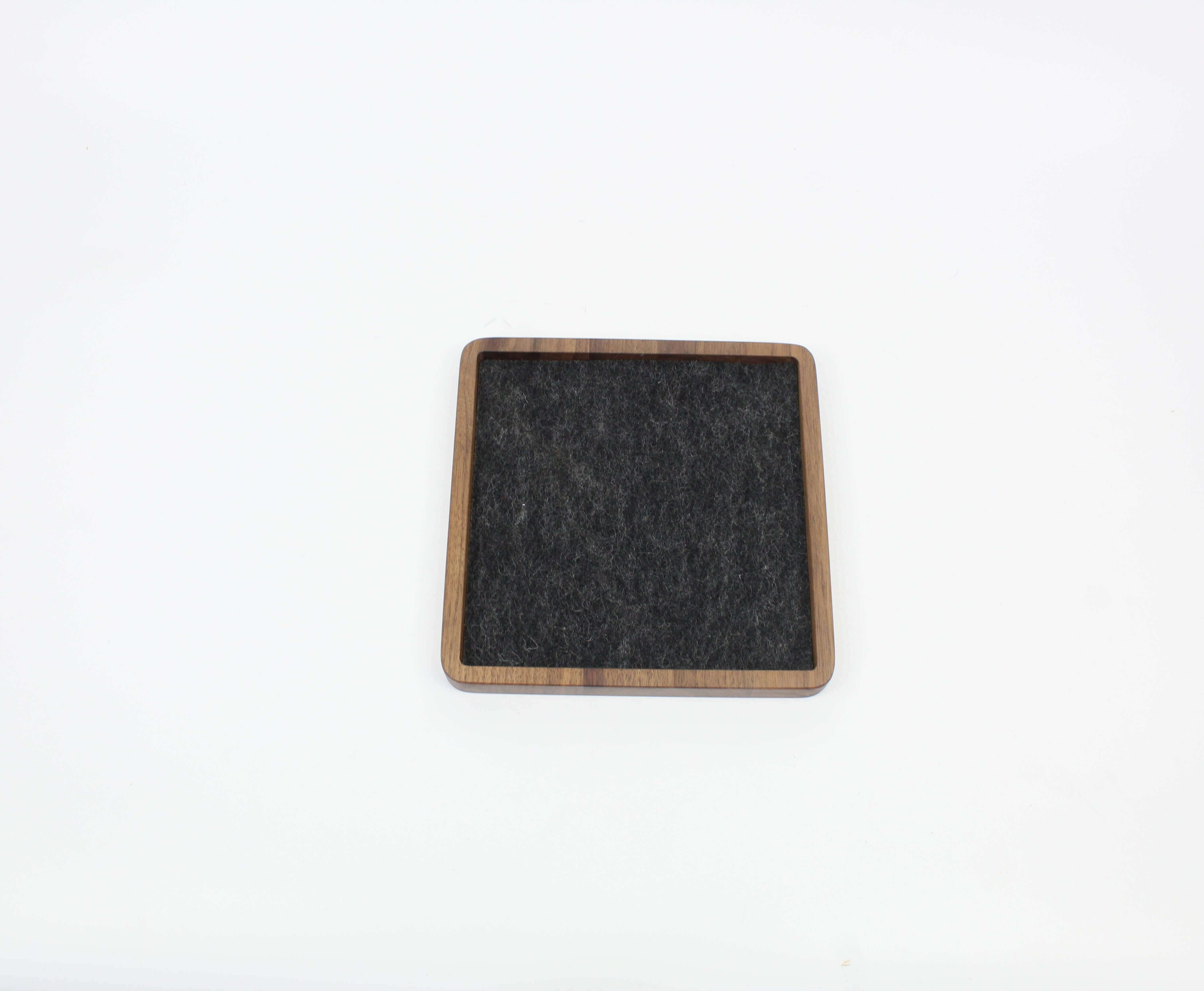 Square Catch All Tray in brown oak with felt interior, ideal for organizing desk essentials and enhancing workspace aesthetics.