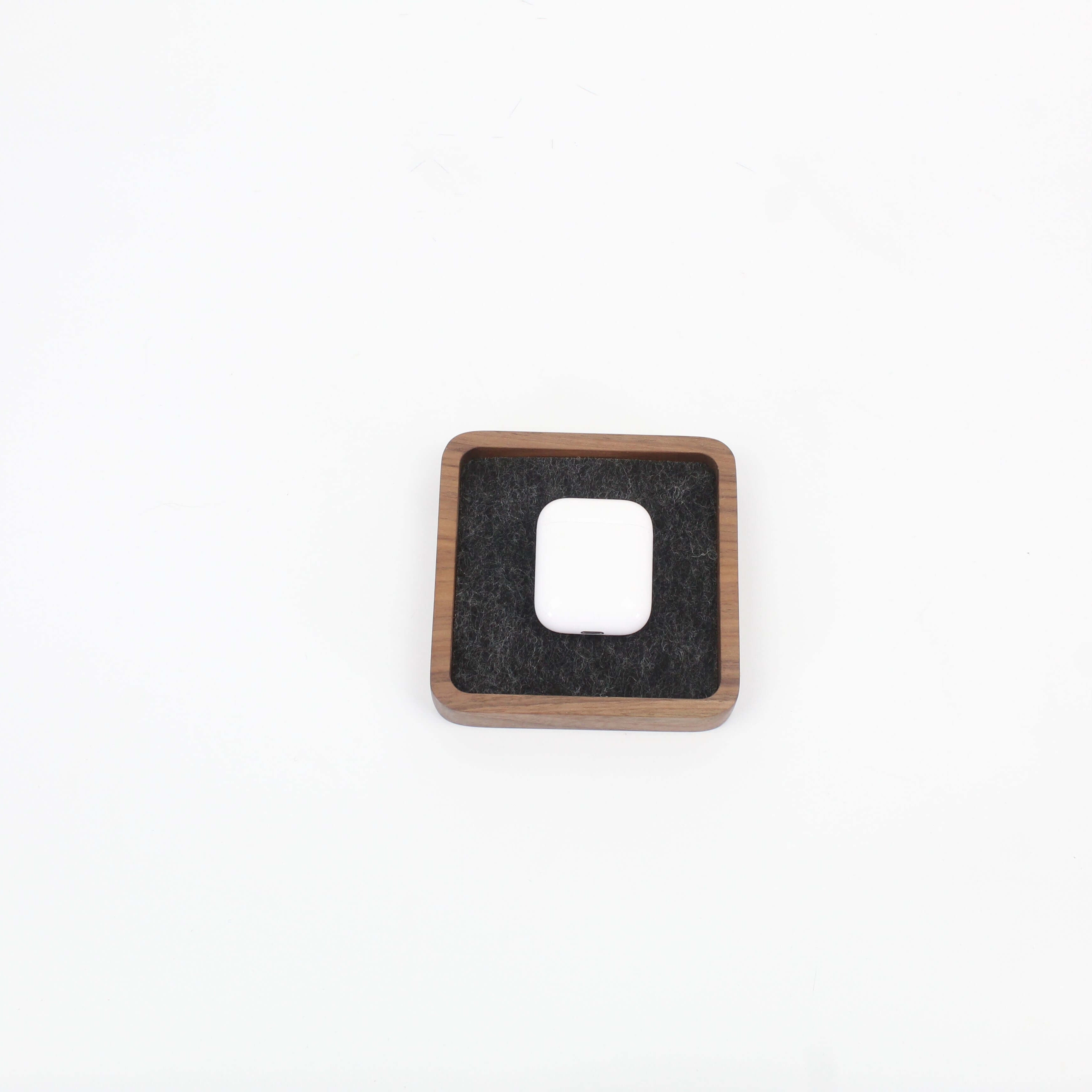 Small walnut desk tray with felt interior, perfect for organizing EDC and accessories in style.