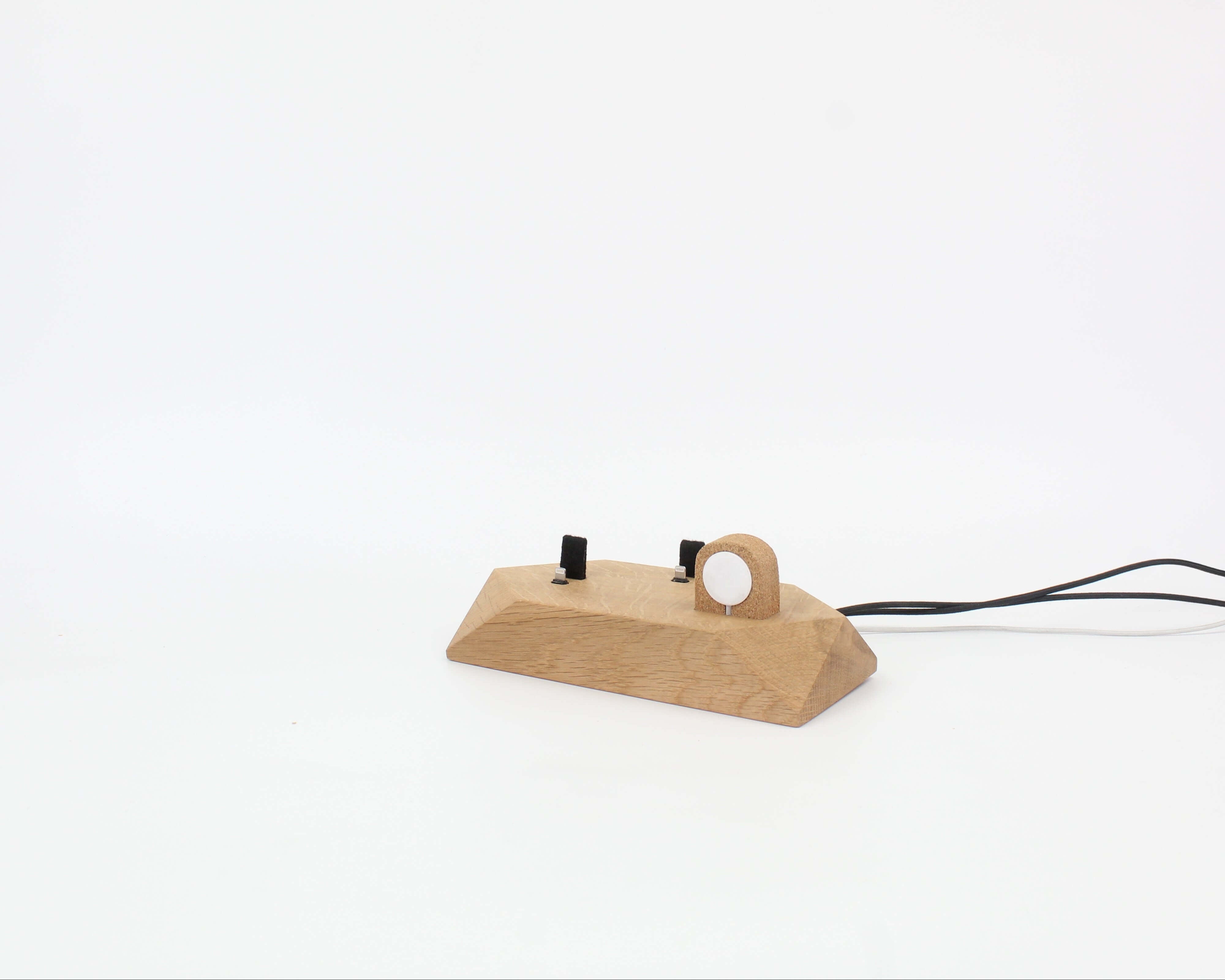 Triple Phone Dock - Oak, stylish wooden charging station for smartphones and Apple Watch, perfect desk accessory.