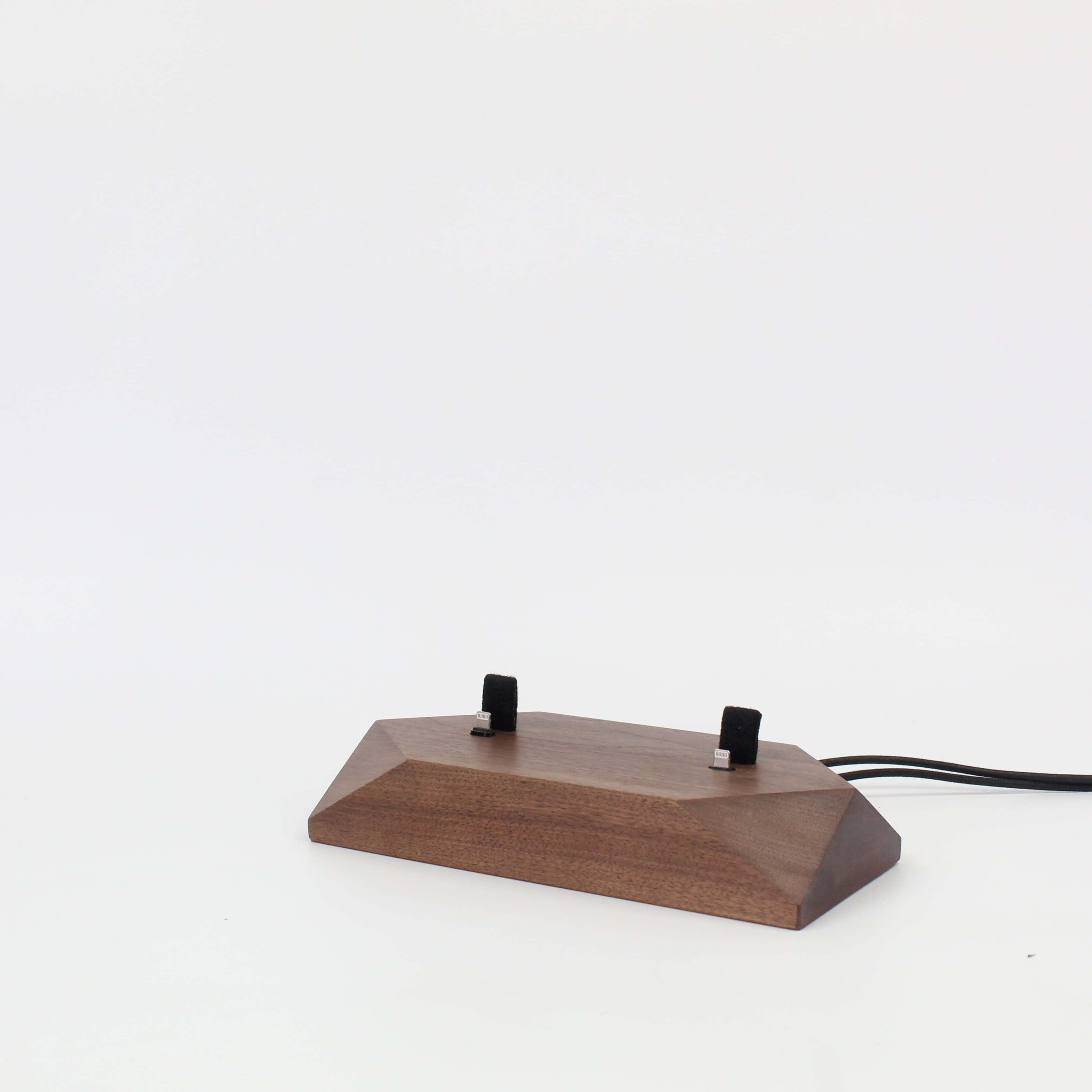 Dual Phone Dock - Walnut for charging two devices simultaneously, featuring a sleek and modern design.