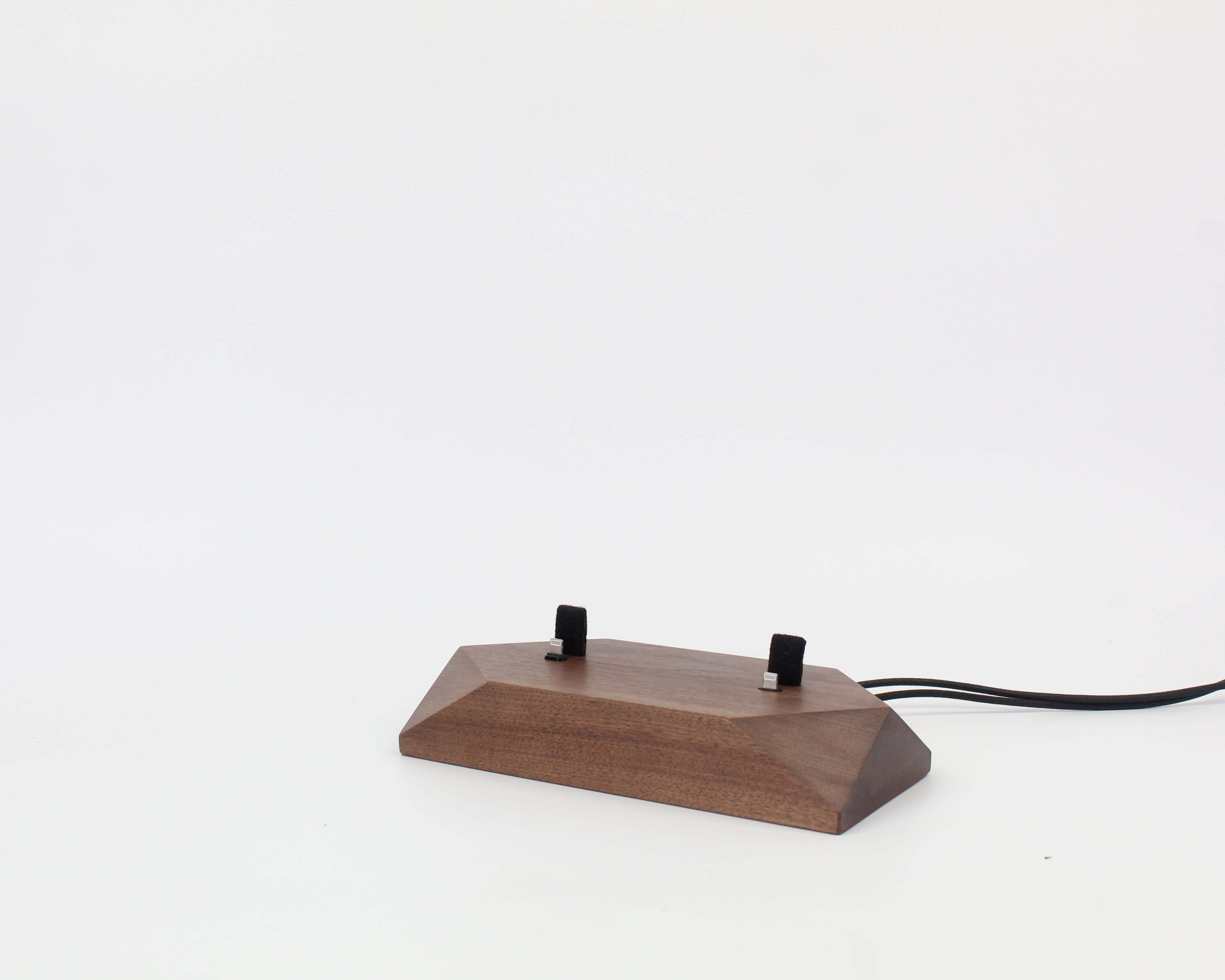 Dual Phone Dock - Walnut for charging two devices simultaneously, featuring a sleek and modern design.