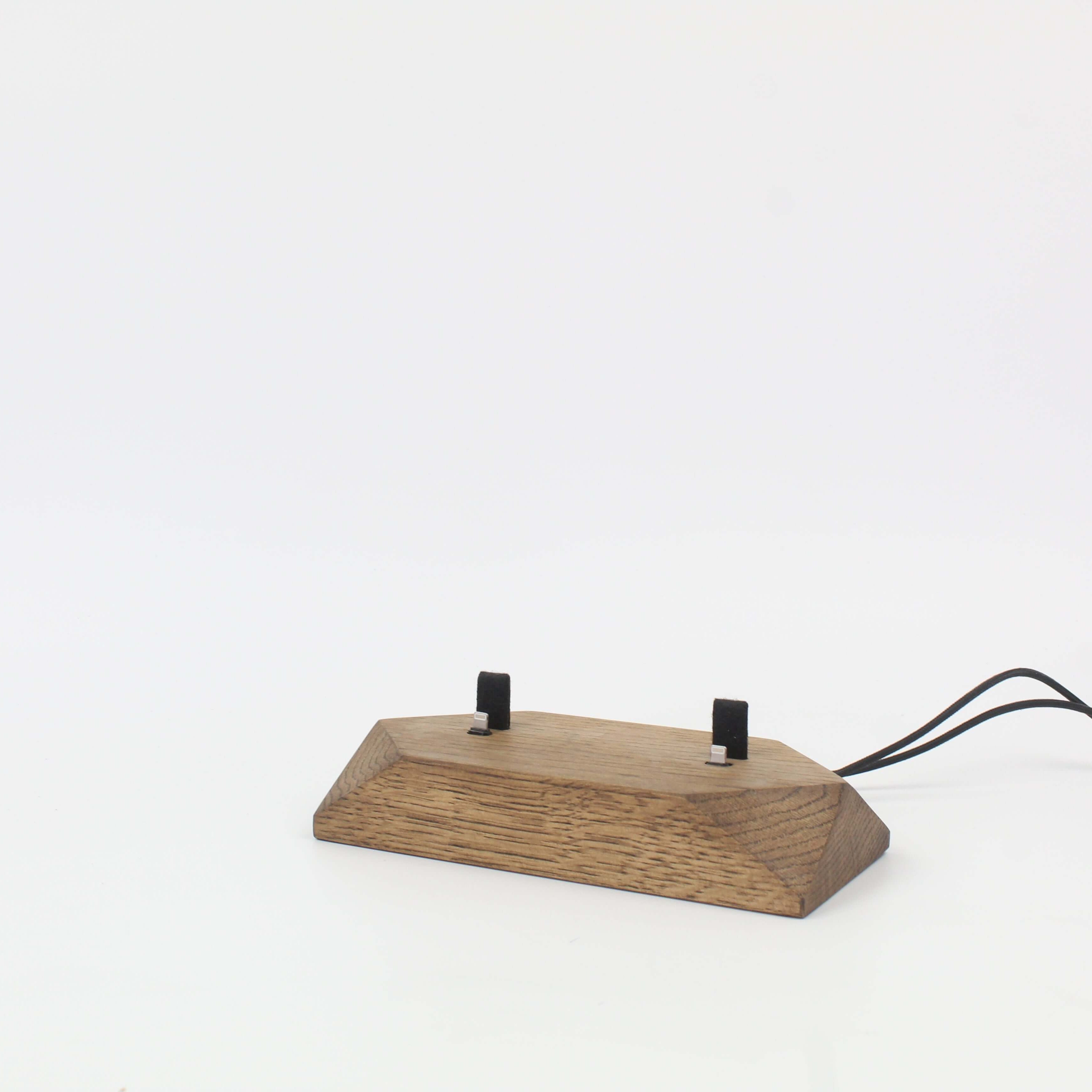Dual Phone Dock in Brown Oak, stylish charging station for phones and headphones, clutter-free desk solution.