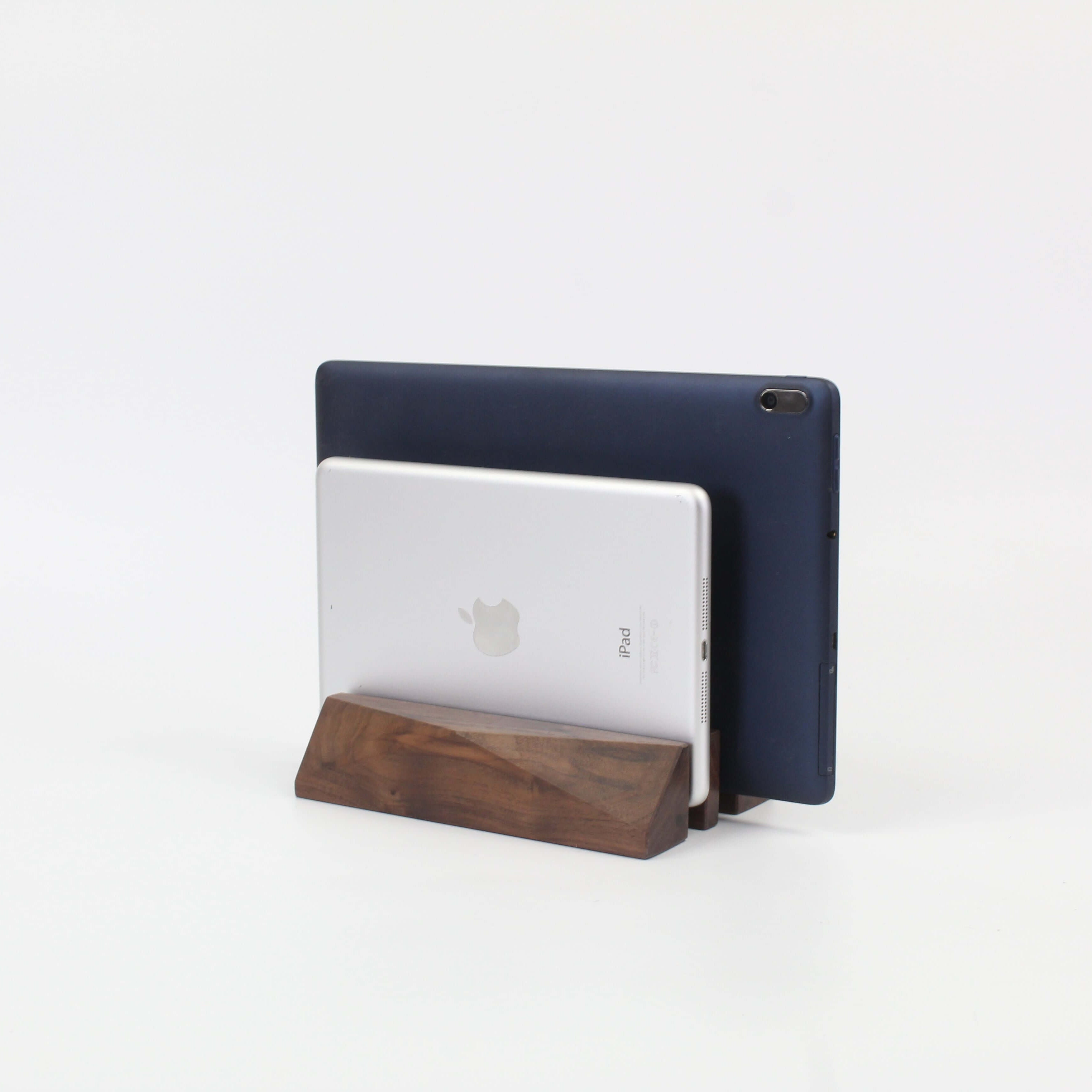 Dual laptop stand in walnut holding two devices, perfect as a desk organizer and stylish laptop accessory.