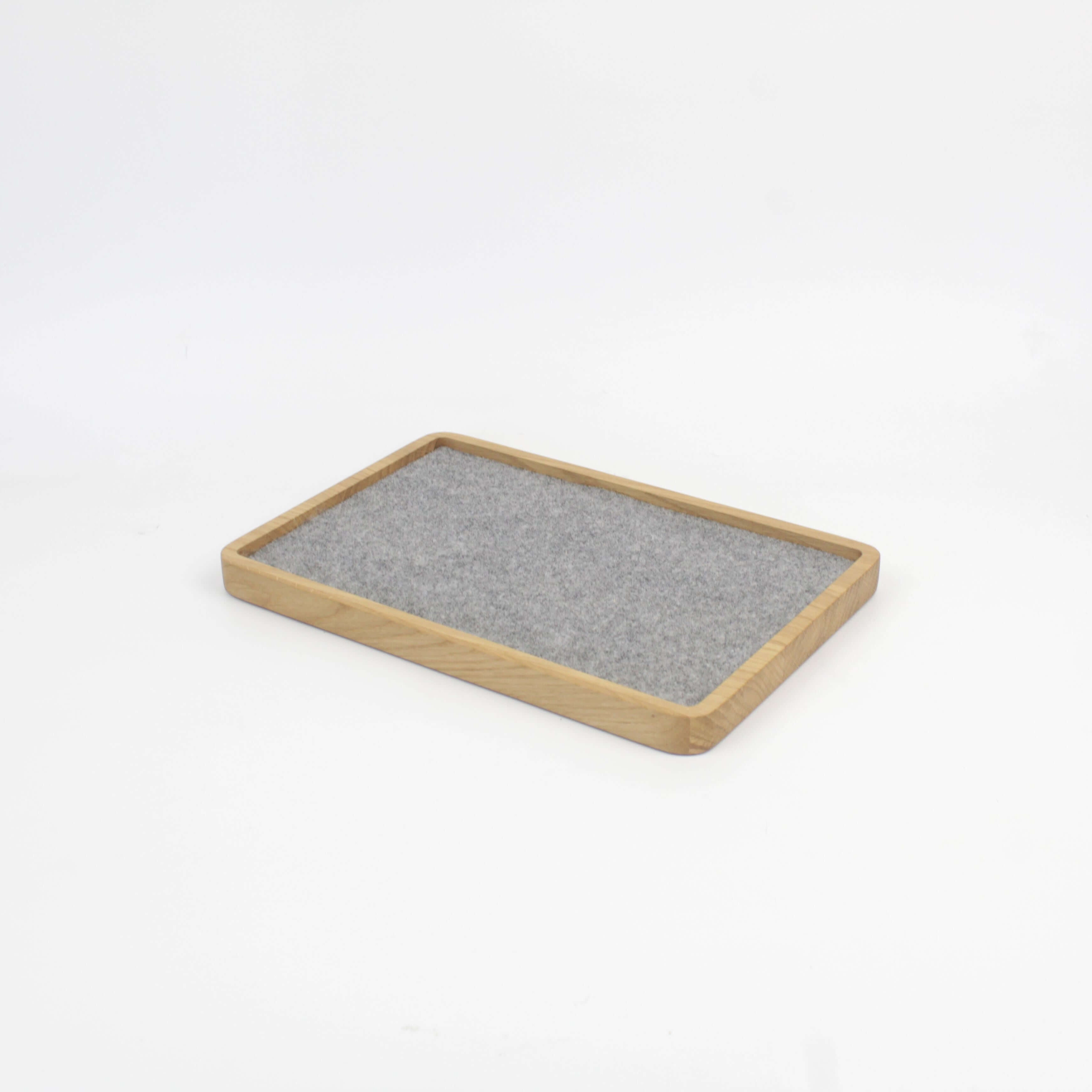 Large oak catch all tray with felt lining, perfect for organizing desk items, EDC essentials, and valet storage.