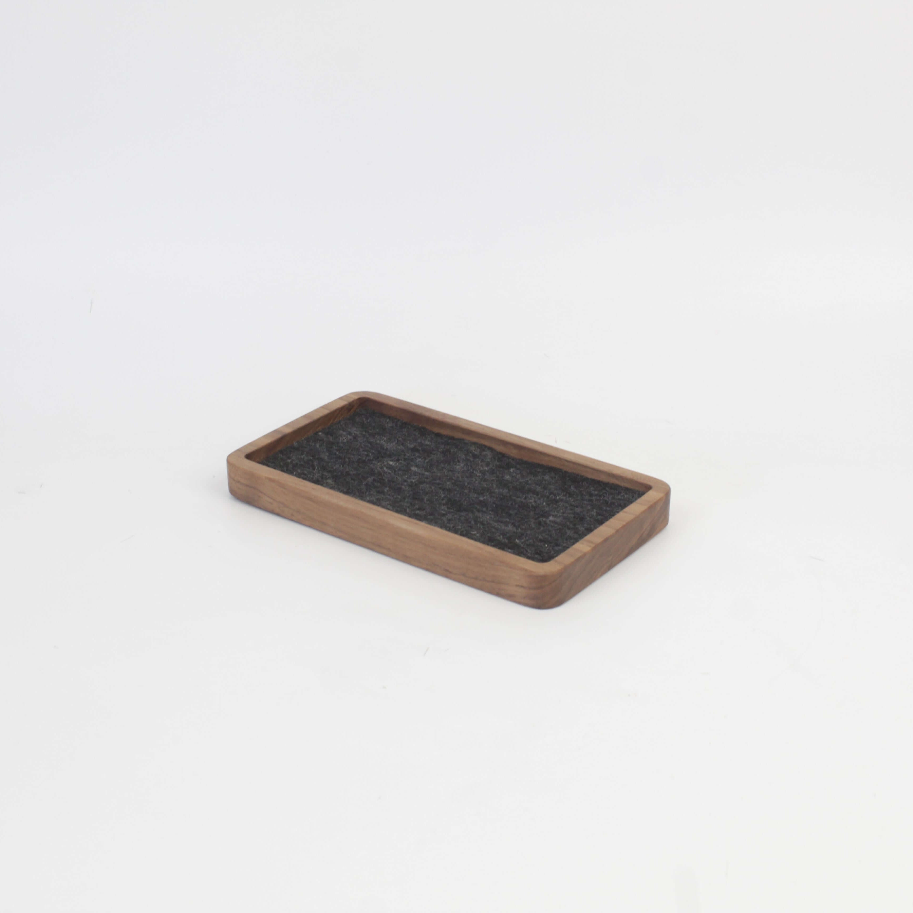 Catch All Tray in Walnut with felt bottom, ideal desk tray for organizing phones, wallets, and accessories.