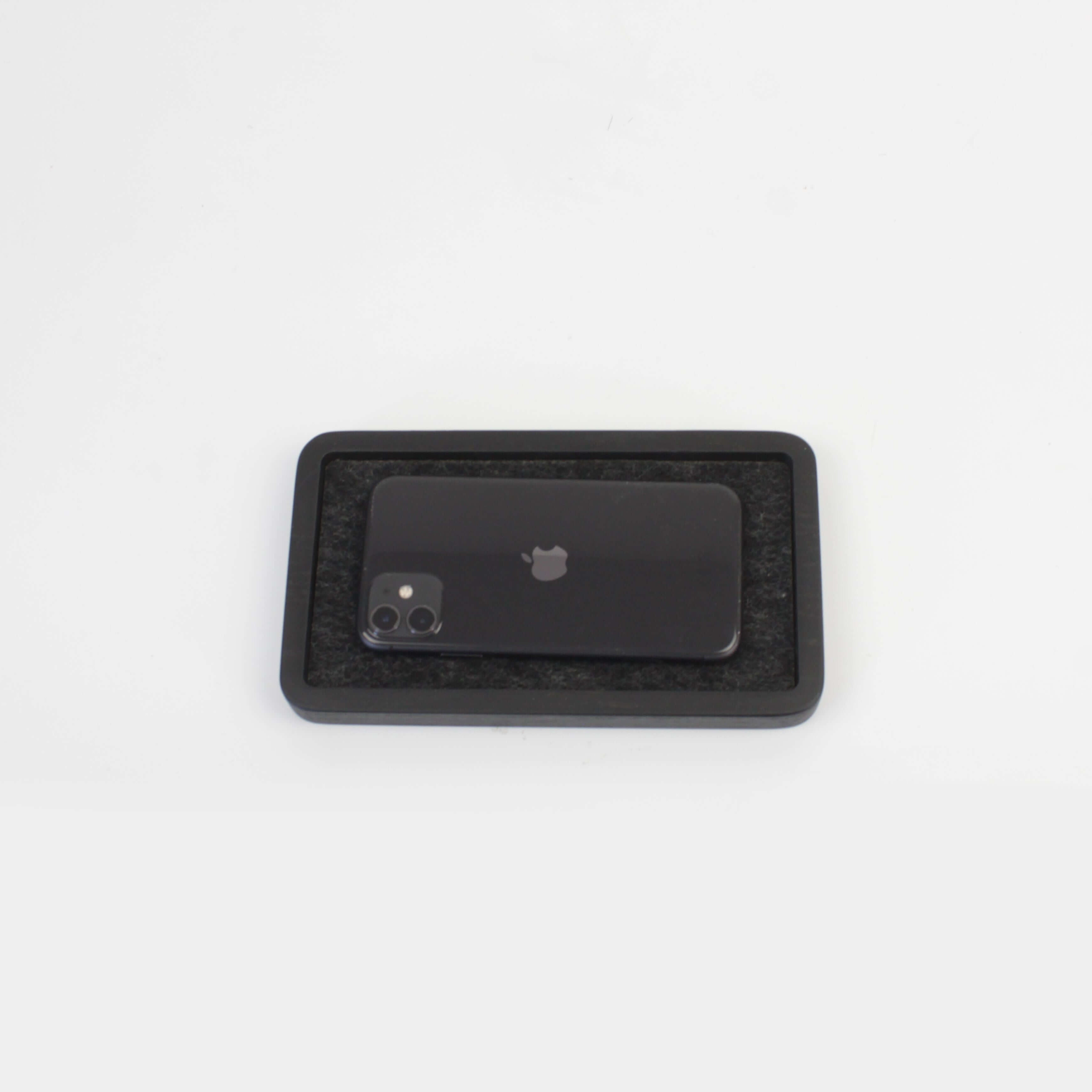 Catch All Tray in Black Oak with phone, perfect for organizing EDC items and maintaining a clutter-free space.