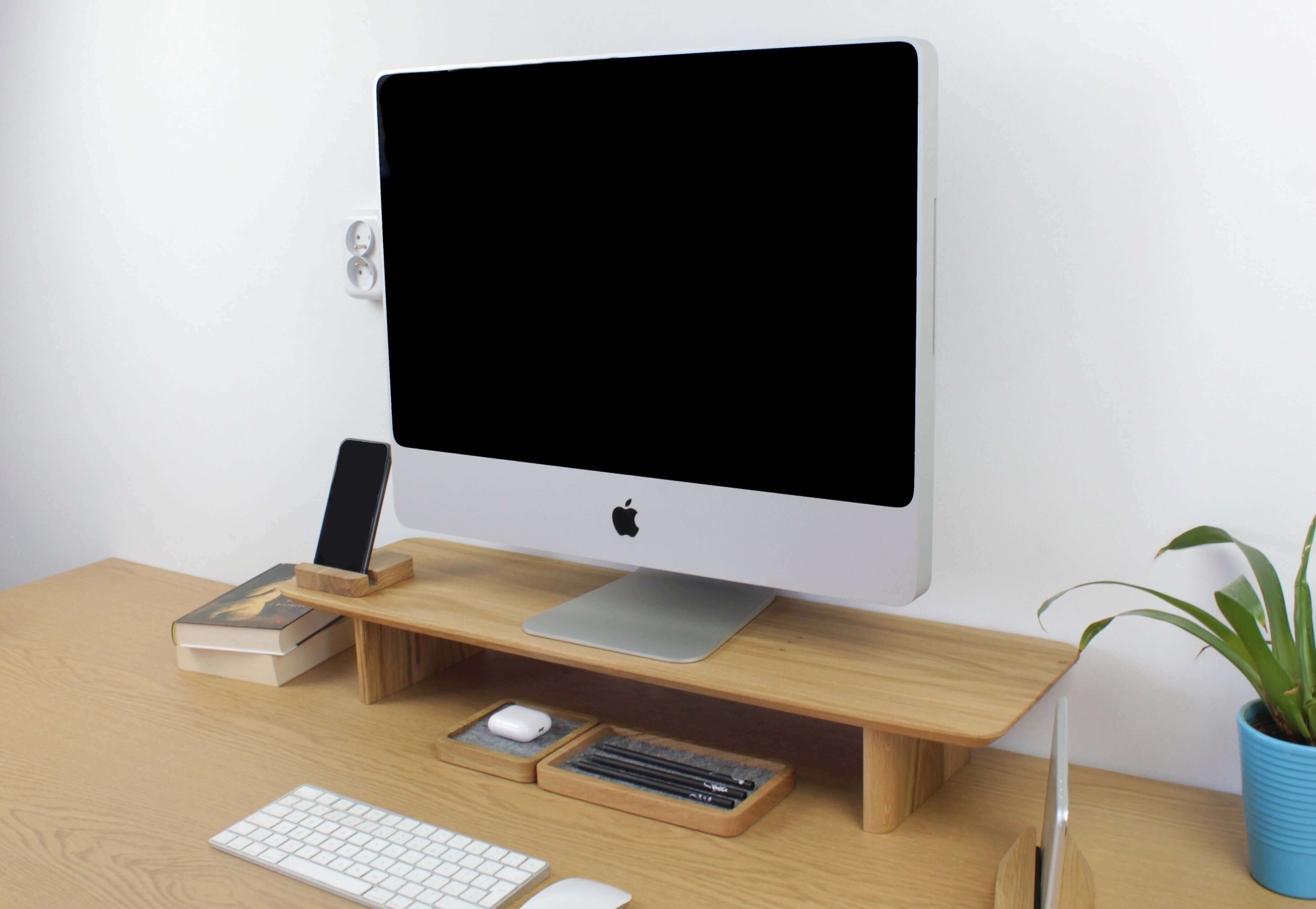 Desk Shelf - Oak displaying an organized workspace with a computer and accessories on a desk.