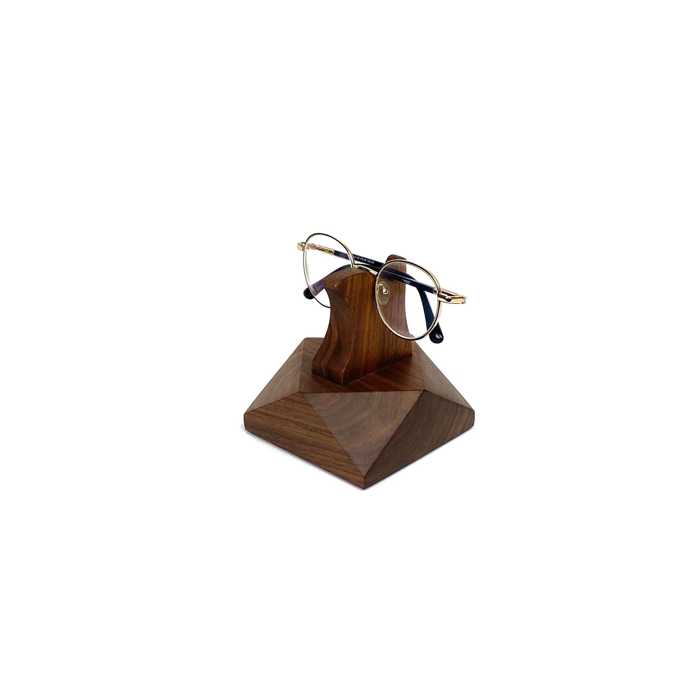 Eyeglasses Stand - Walnut displaying eyeglasses on a handcrafted wooden stand with a smooth finish.