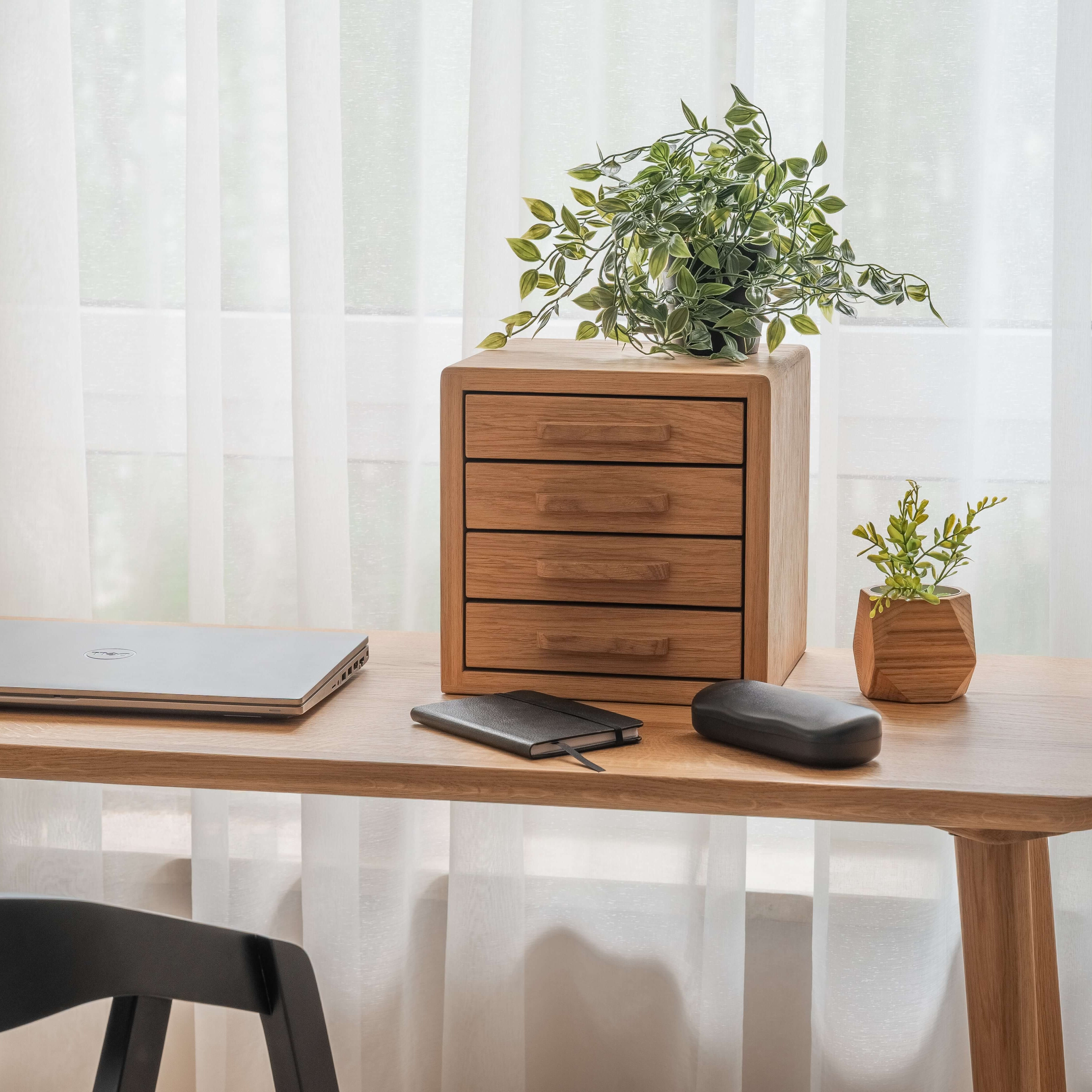 Drawer Storage Organizer - Oak on a desk with laptop, notebook, and plants in a bright room.