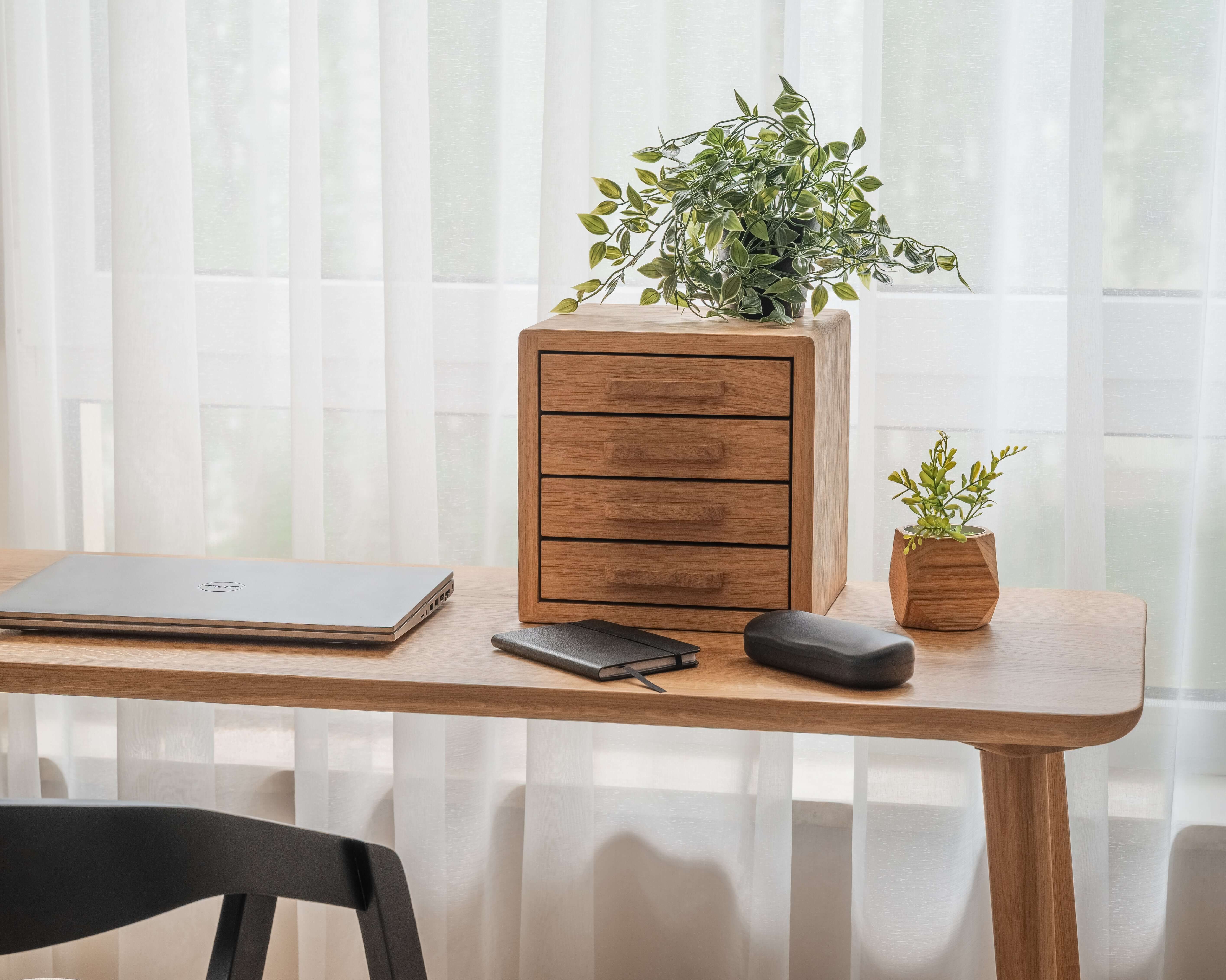 Drawer Storage Organizer - Oak on a desk with laptop, notebook, and plants in a bright room.