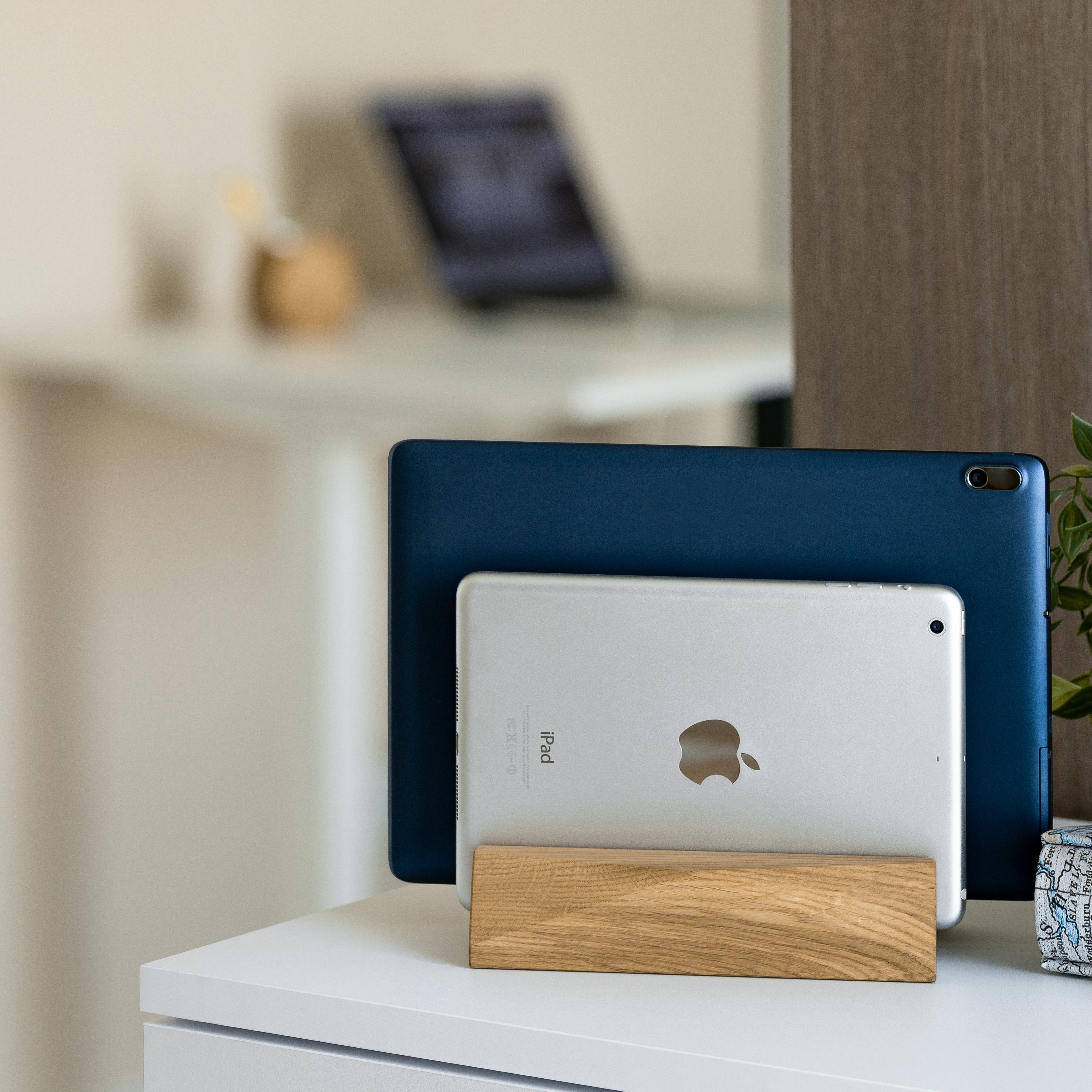 Elegant Dual Laptop Dock in Brown Oak holding two devices, designed for a clutter-free workspace.
