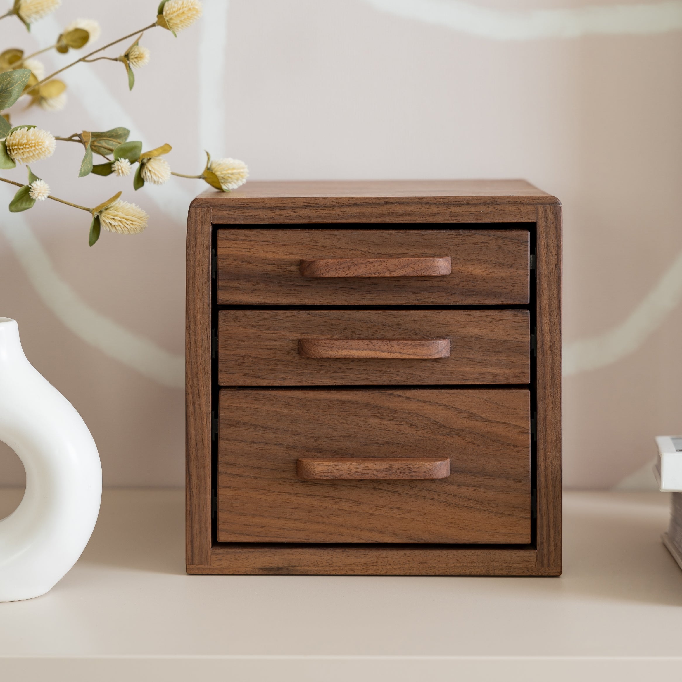 Drawer Storage Organizer in walnut finish with three drawers, perfect for organizing small accessories on a desk.