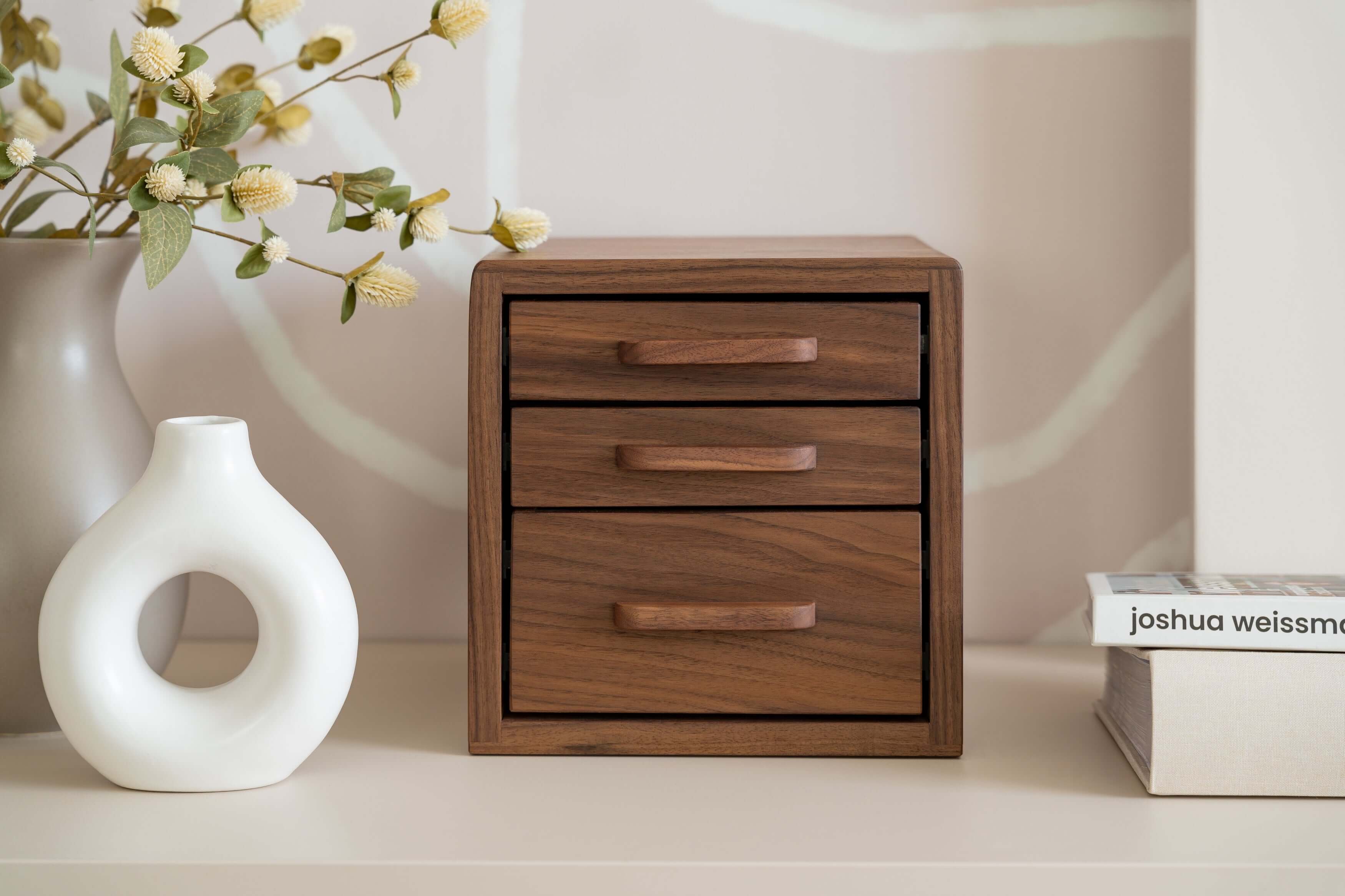 Drawer Storage Organizer in walnut finish with three drawers, perfect for organizing small accessories on a desk.