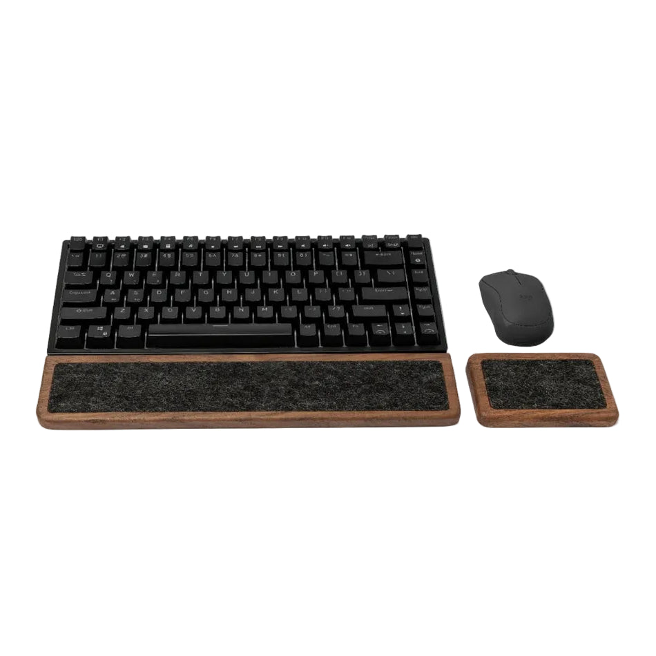 Keyboard wrist rest set in walnut color with matching mouse support for ergonomic workspace comfort.