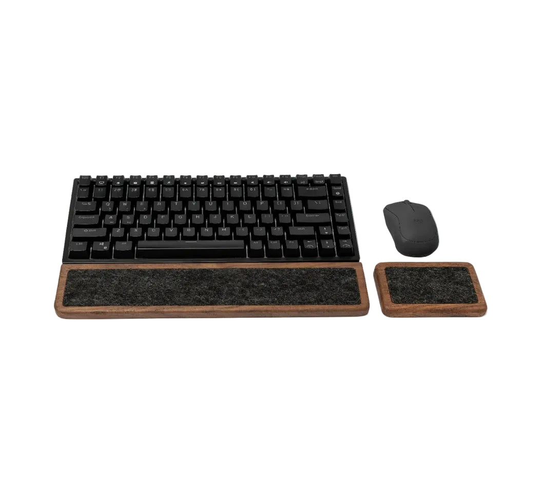 Keyboard wrist rest set in walnut color with matching mouse support for ergonomic workspace comfort.