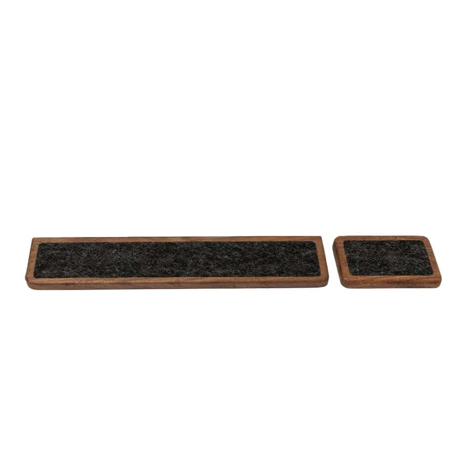 Keyboard wrist rest set in walnut, featuring ergonomic design for wrist support while typing and using a mouse.
