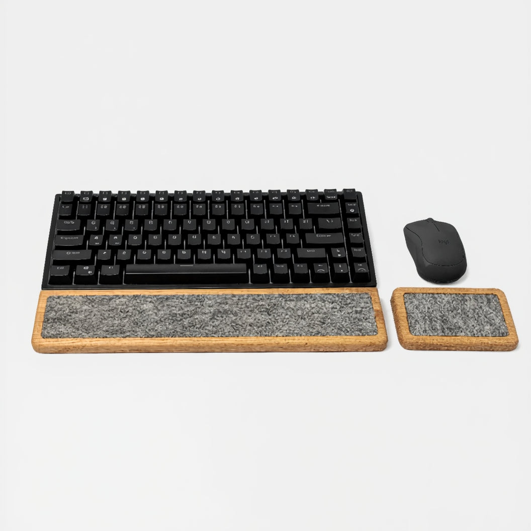 Keyboard Wrist Rest set featuring oak design with matching mouse support for ergonomic comfort in workspace.