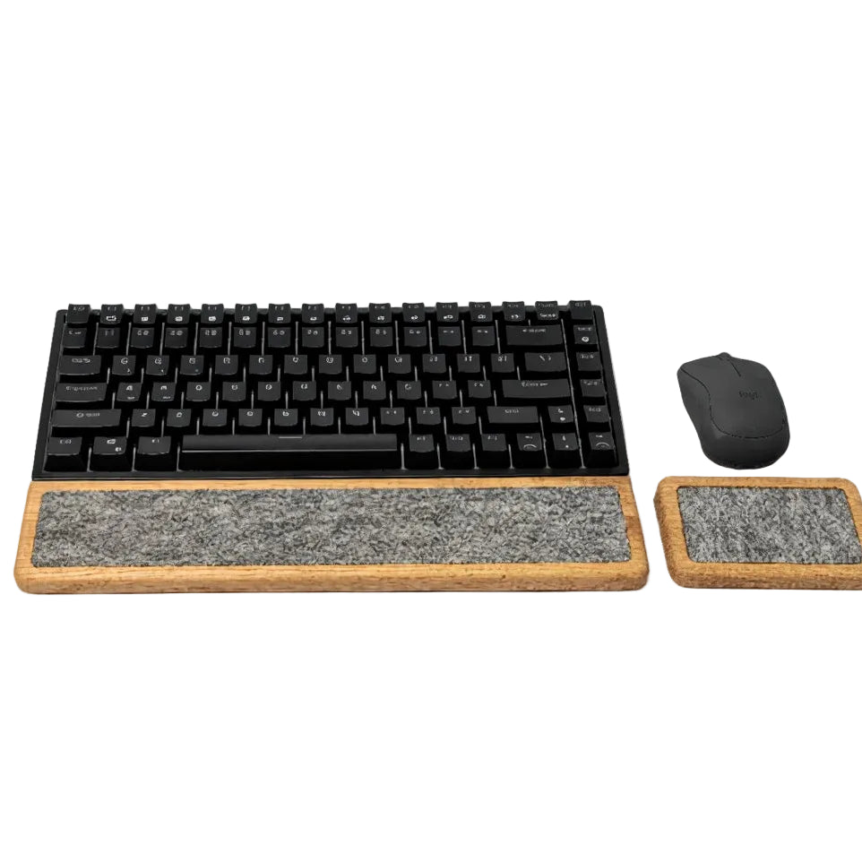 Keyboard Wrist Rest set featuring oak design with matching mouse support for ergonomic comfort in workspace.