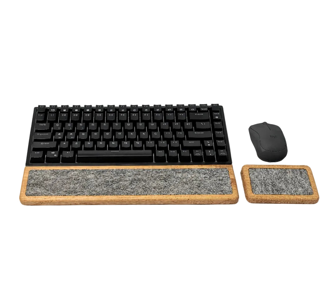 Keyboard Wrist Rest set featuring oak design with matching mouse support for ergonomic comfort in workspace.