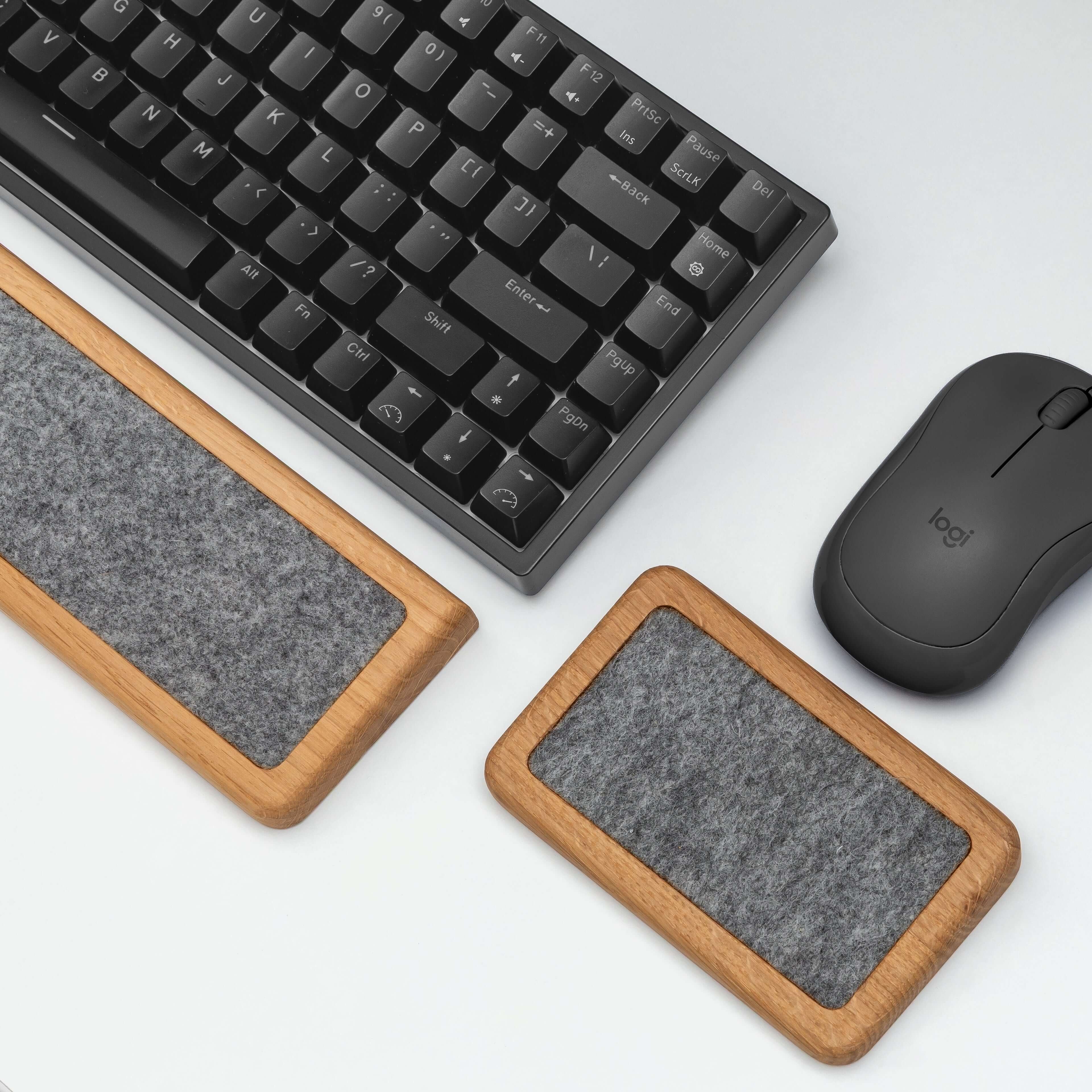 Mouse Wrist Rest - Oak and mouse pad on a desk with a keyboard in a modern workspace setup.
