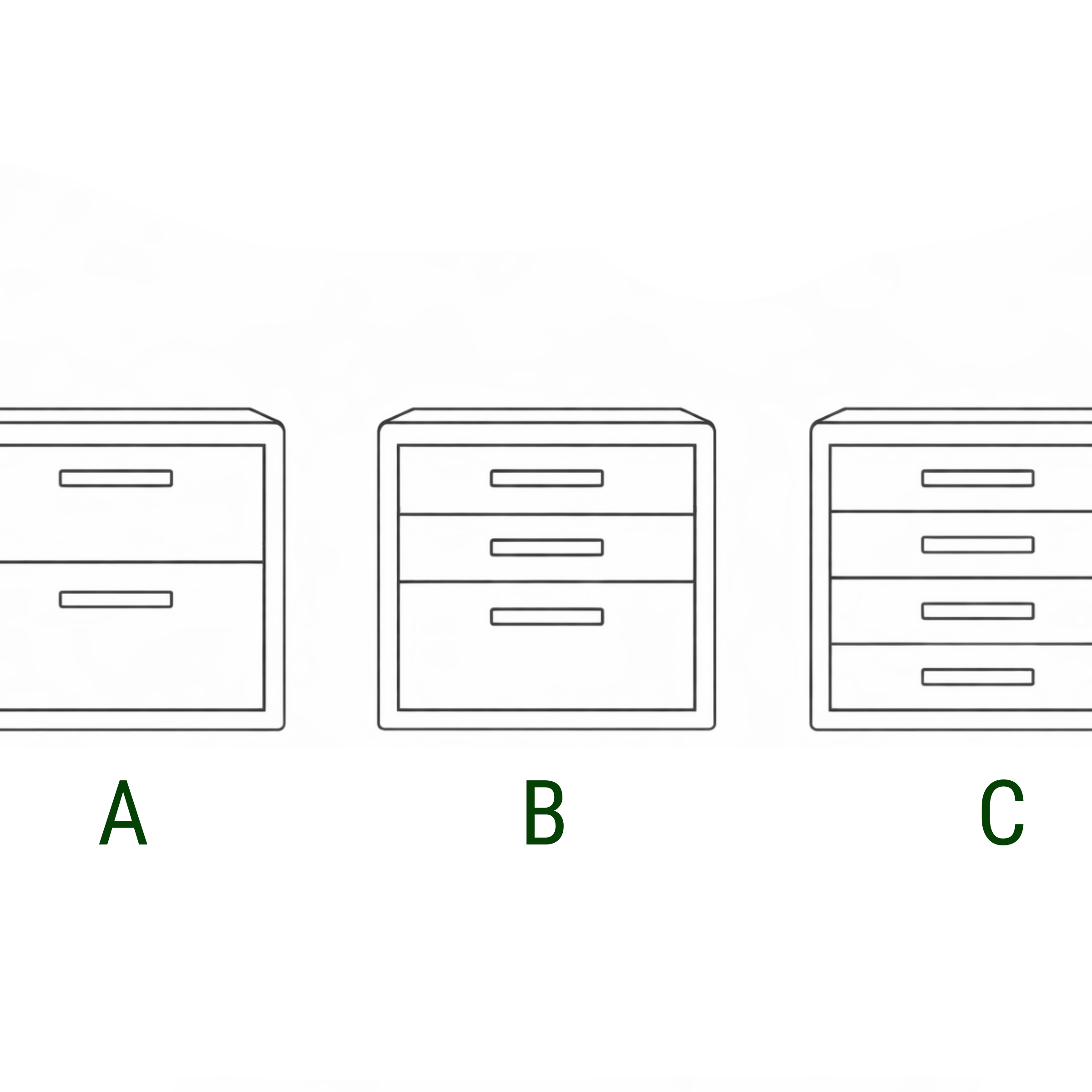 Drawer Storage Organizer options A, B, and C showcasing different styles for organizing small accessories.