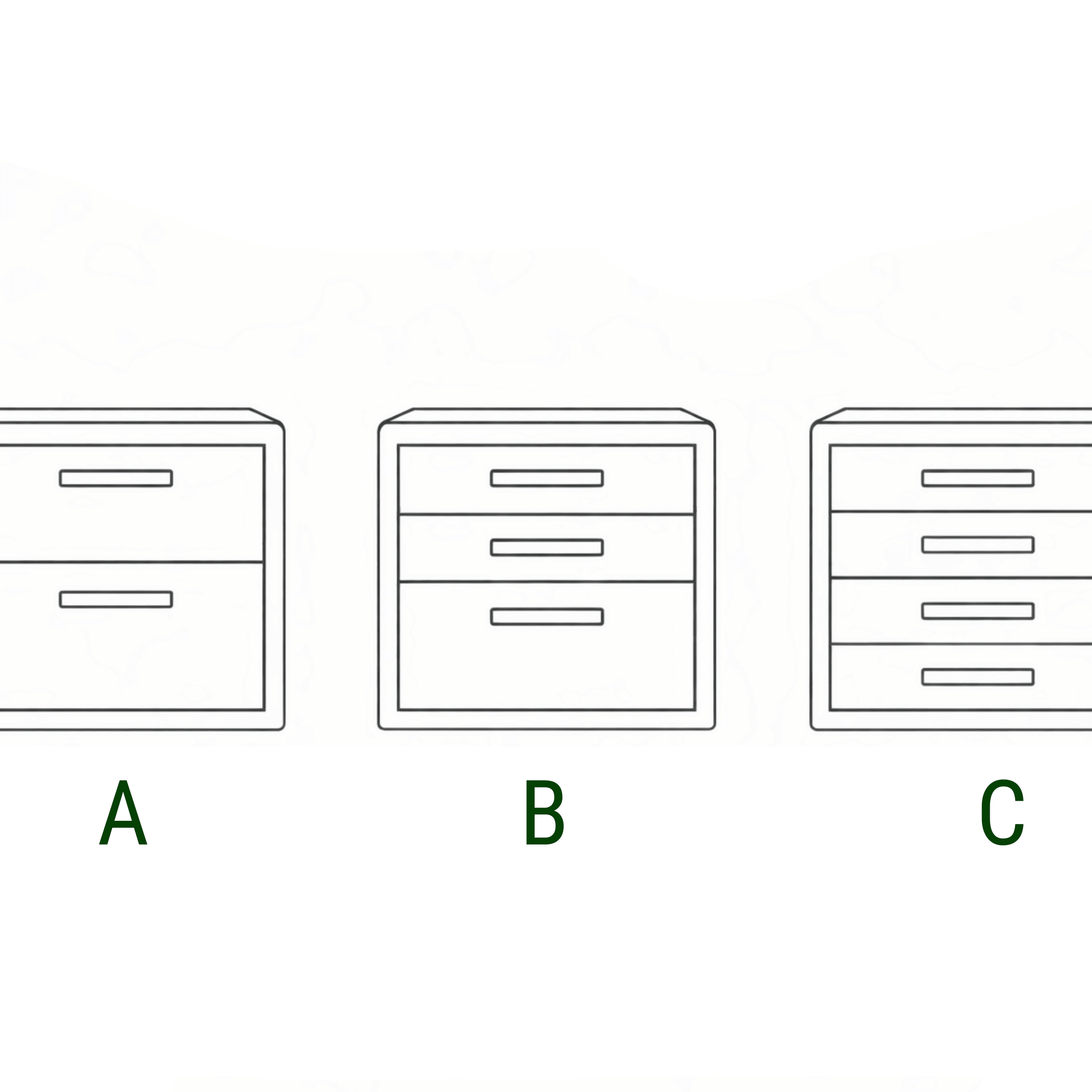 Drawer Storage Organizer options A, B, and C showcasing different styles for organizing small accessories.
