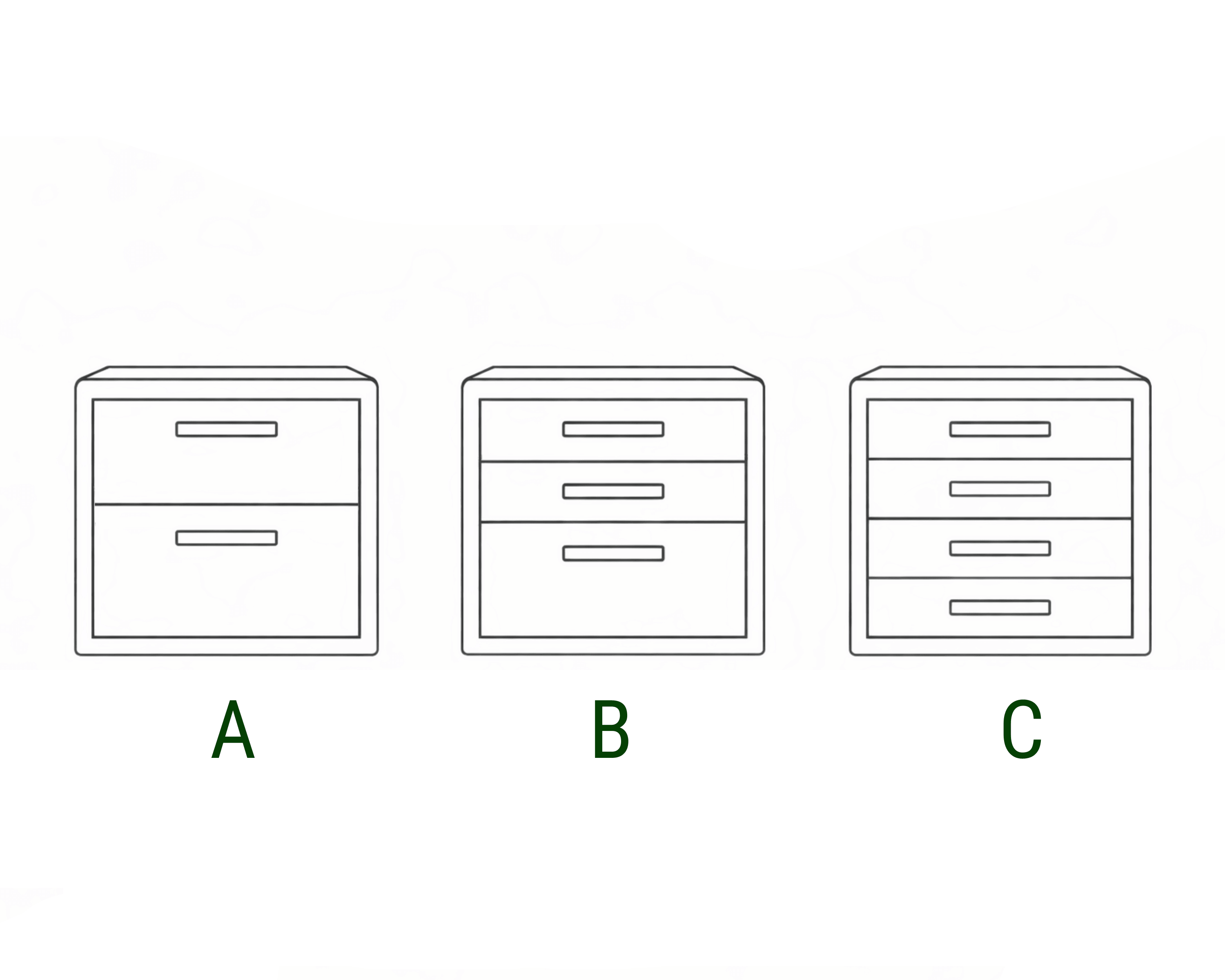 Drawer Storage Organizer options A, B, and C showcasing different styles for organizing small accessories.