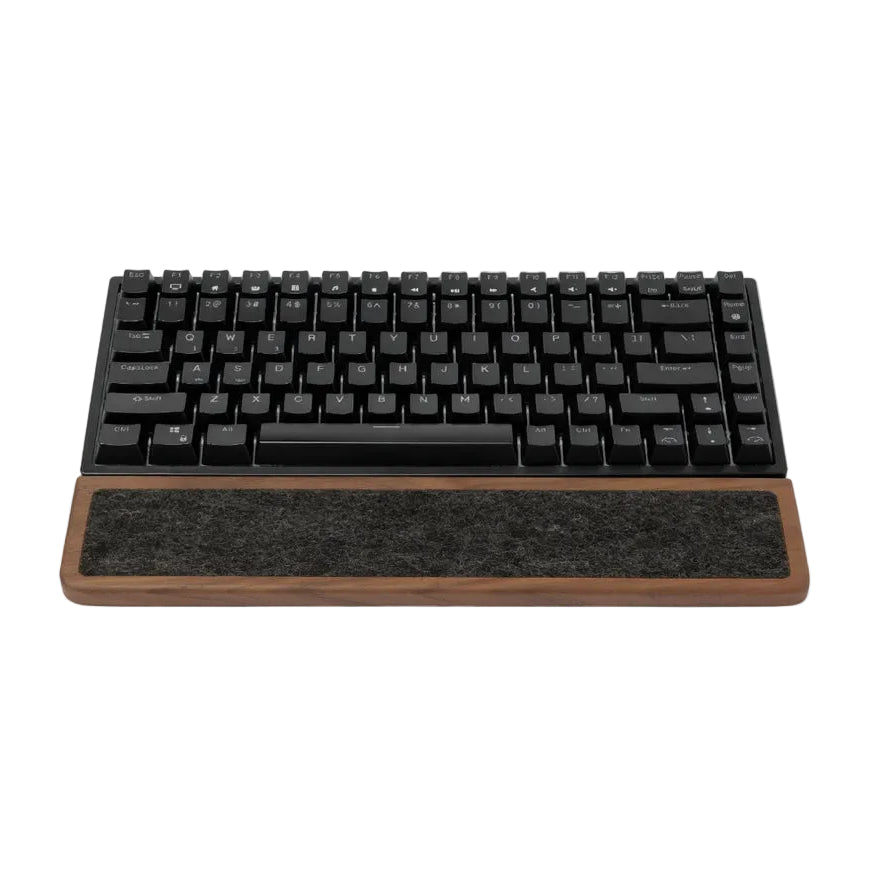 Keyboard Wrist Rest made of walnut wood with black mechanical keyboard on top, providing ergonomic support.