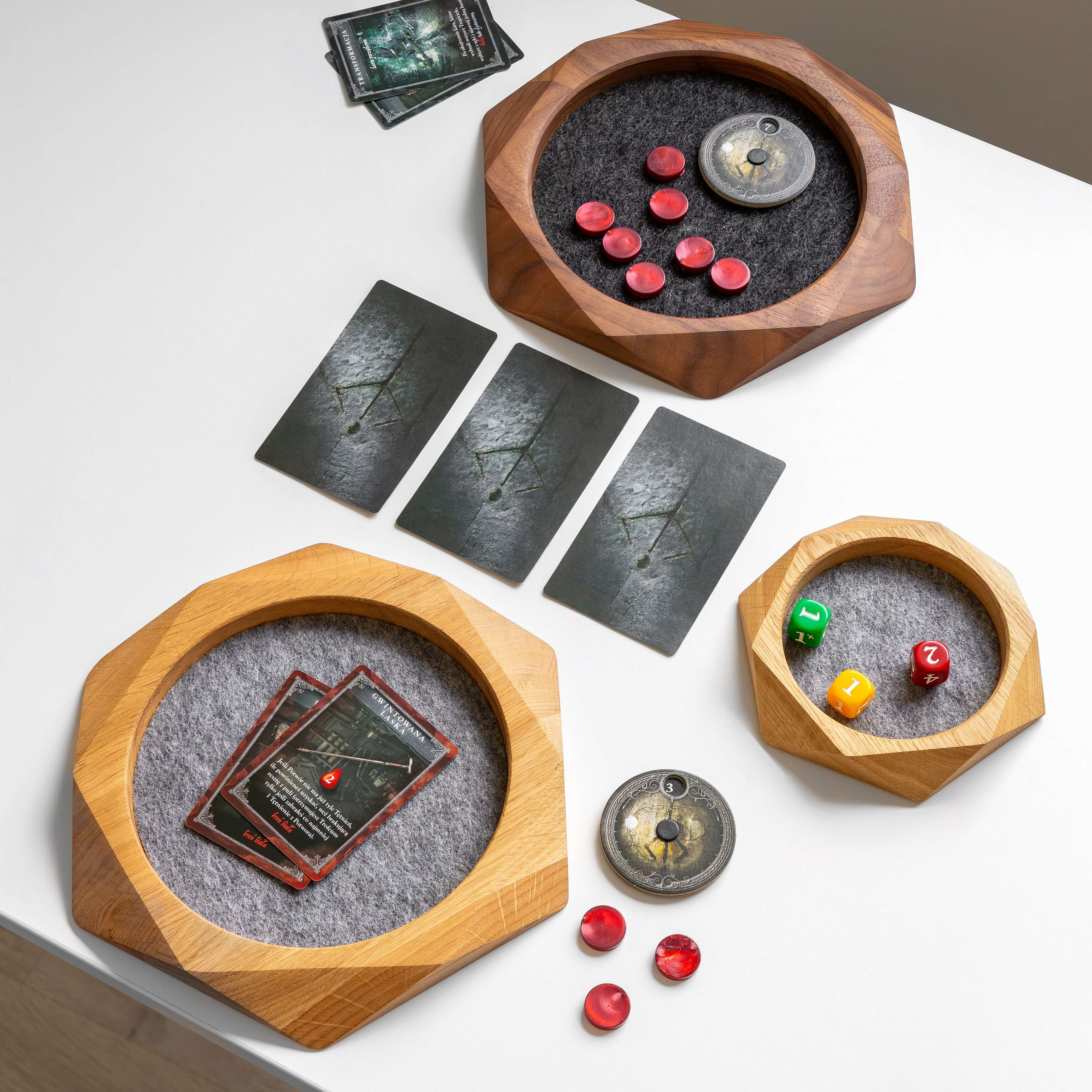 Geometric Wooden Tray - Walnut displaying cards, dice, and game accessories in a stylish tabletop setup.