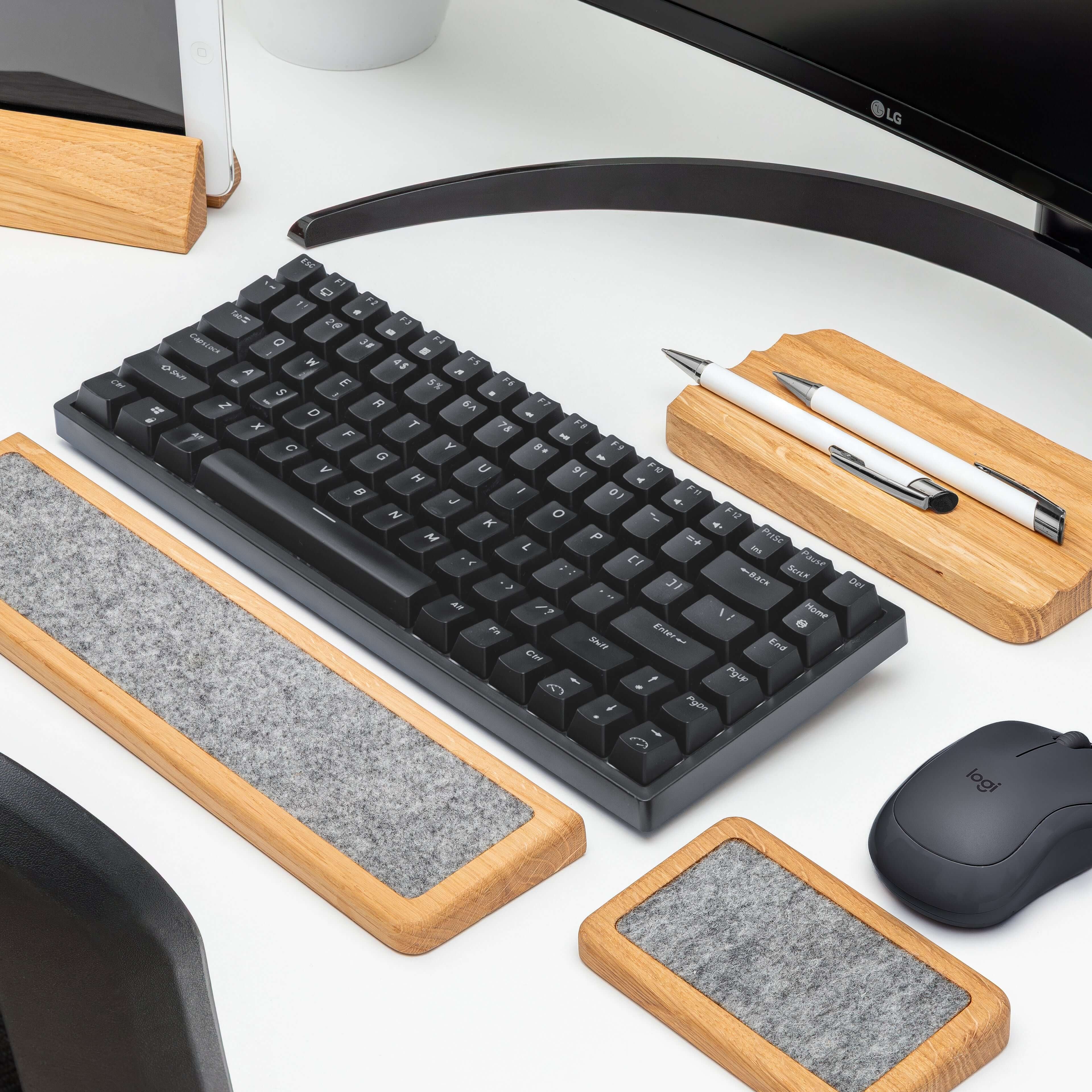 Keyboard Wrist Rest set featuring oak finish, ergonomic support for keyboard and mouse on a modern workspace.