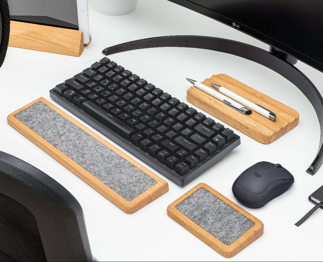 Keyboard Wrist Rest set featuring oak finish, ergonomic support for keyboard and mouse on a modern workspace.