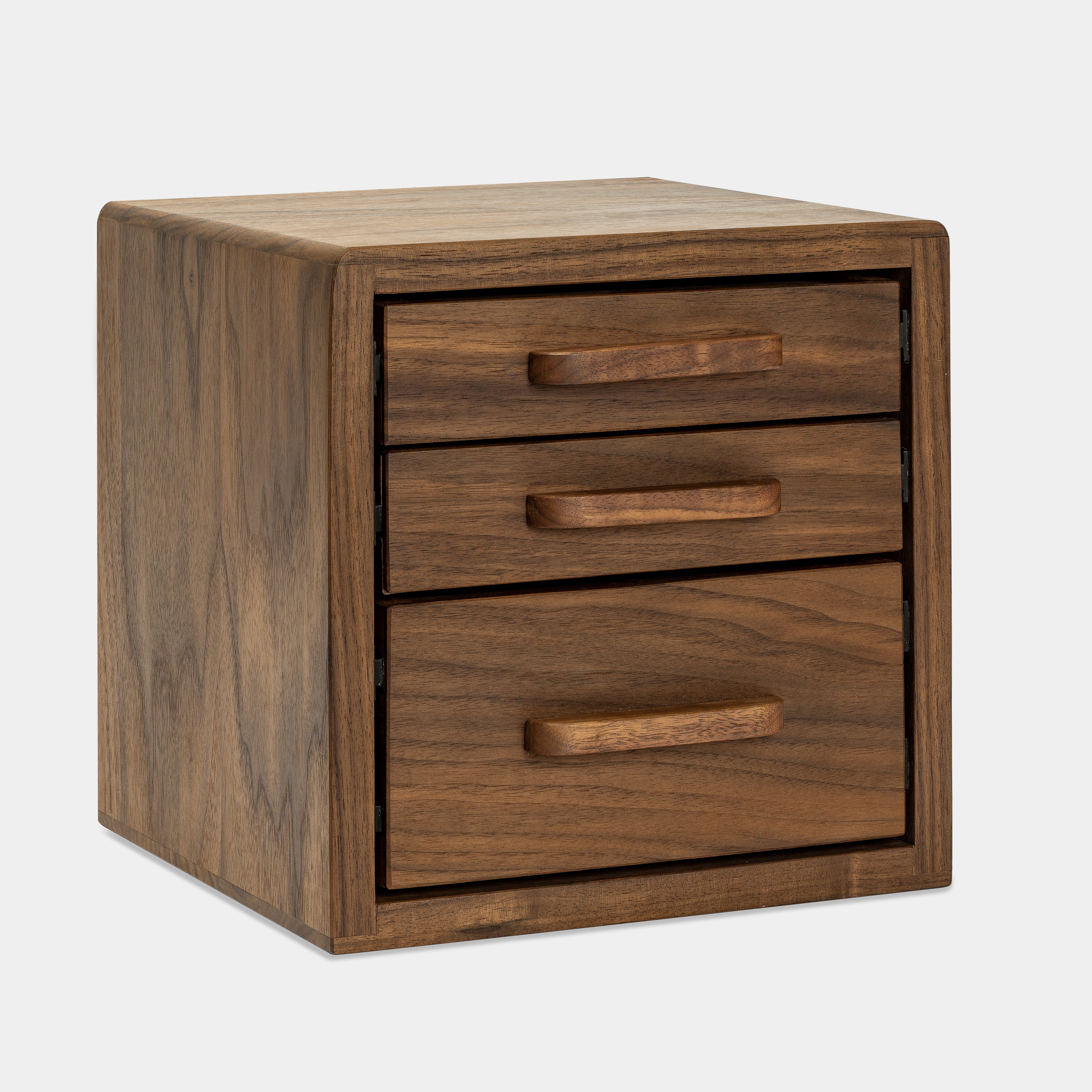 Drawer Storage Organizer - Walnut wooden box with three drawers for desk accessories.