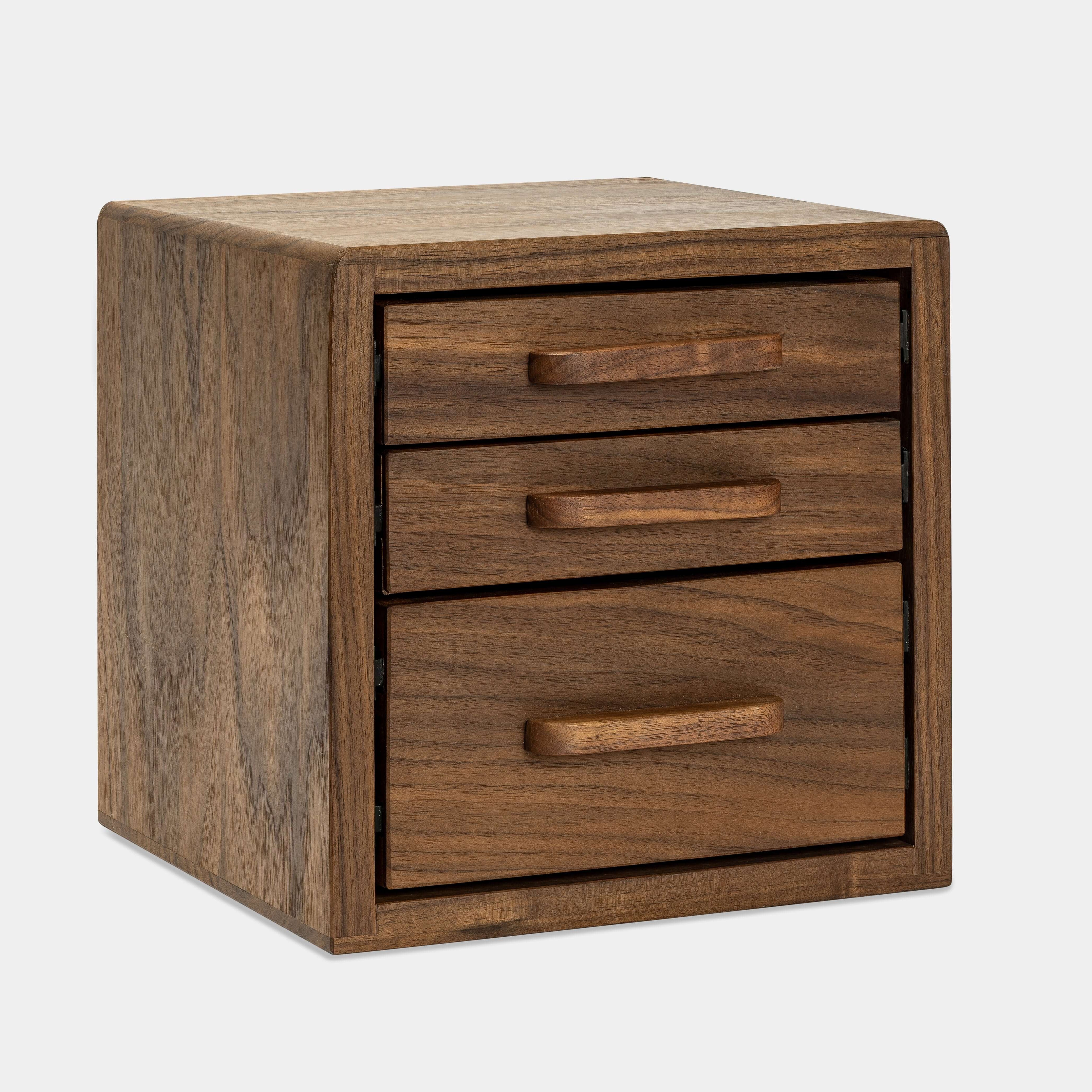 Drawer Storage Organizer - Walnut wooden box with three drawers for desk accessories.