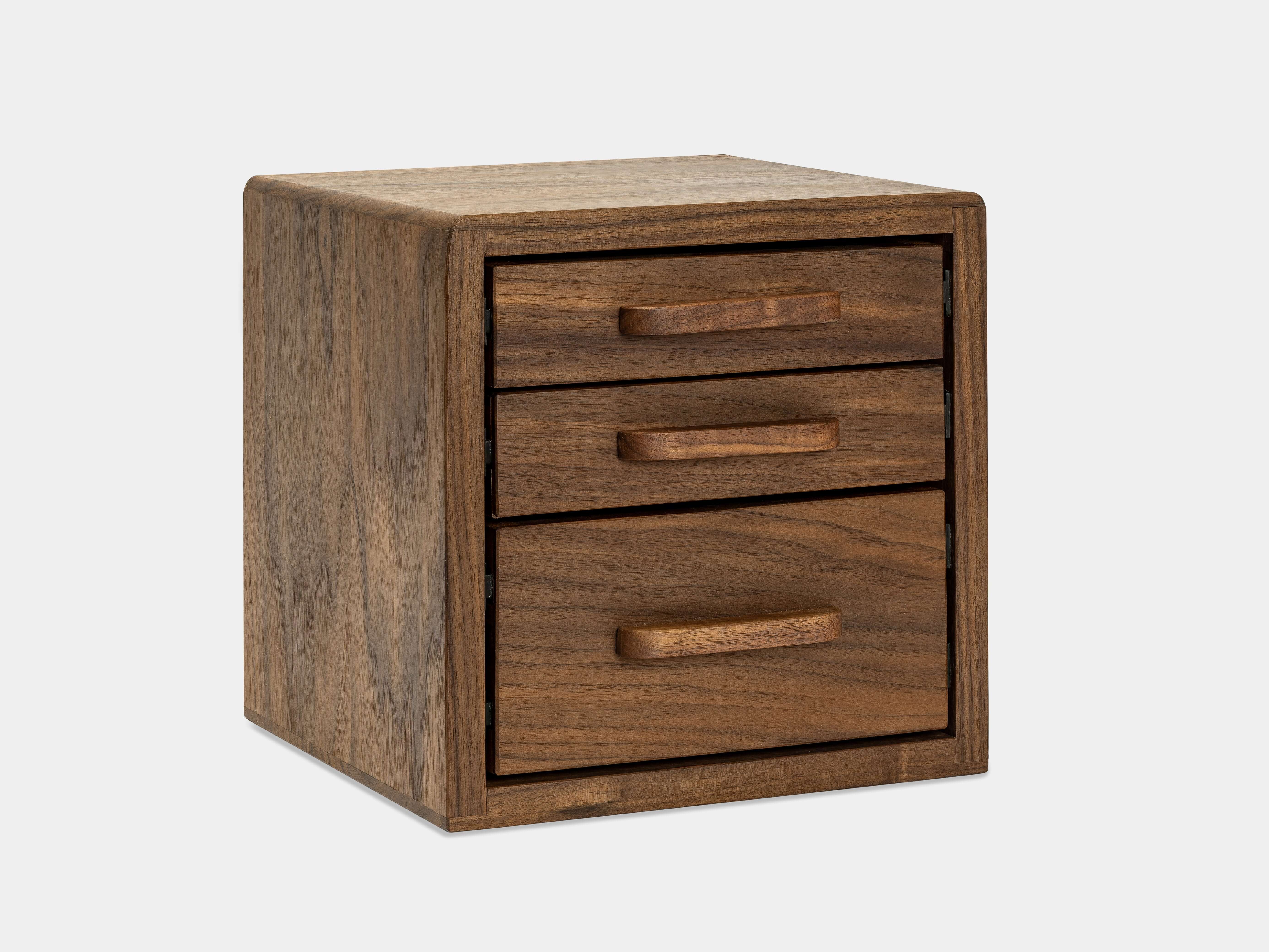 Drawer Storage Organizer - Walnut wooden box with three drawers for desk accessories.