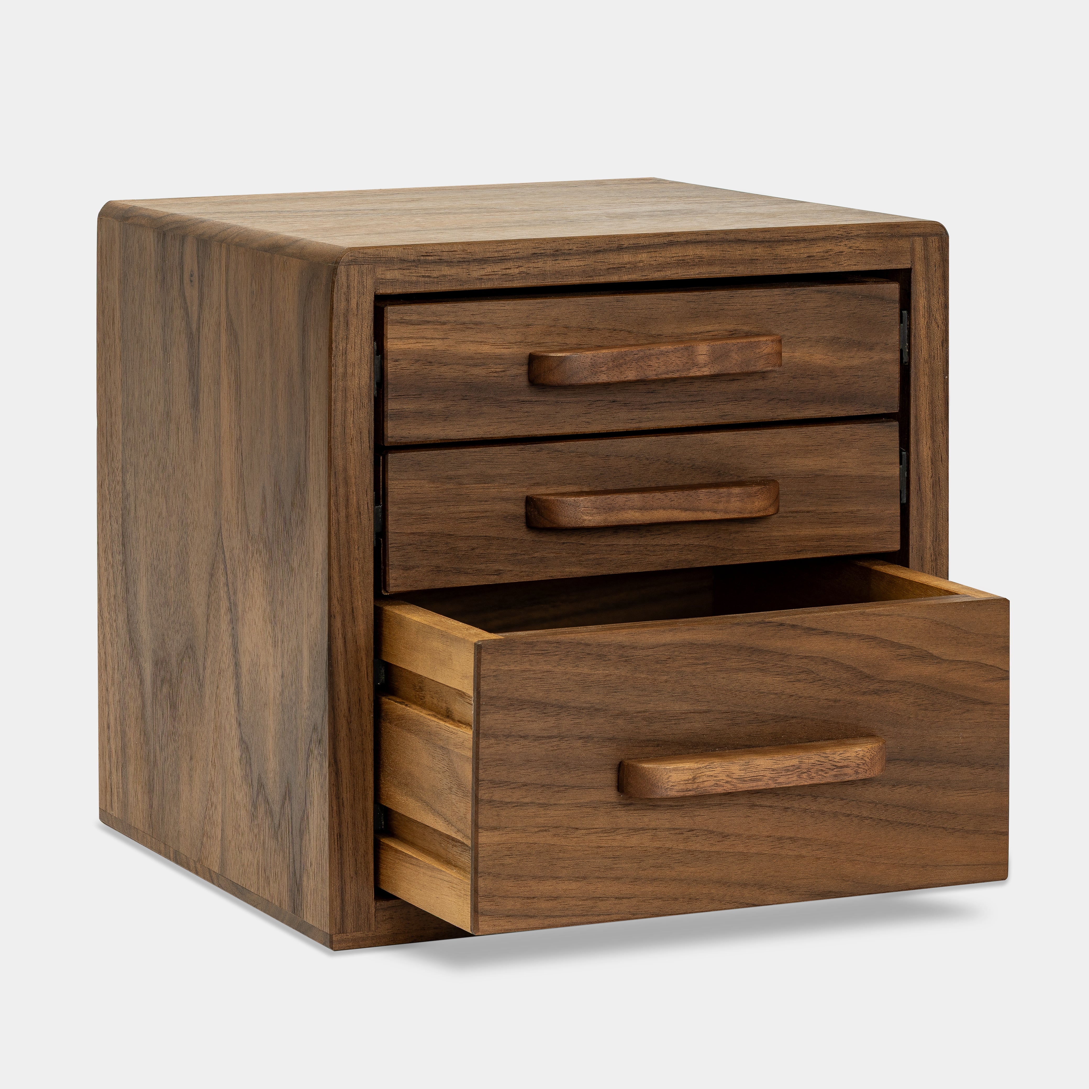 Drawer Storage Organizer in walnut finish with two drawers open for organizing small accessories.
