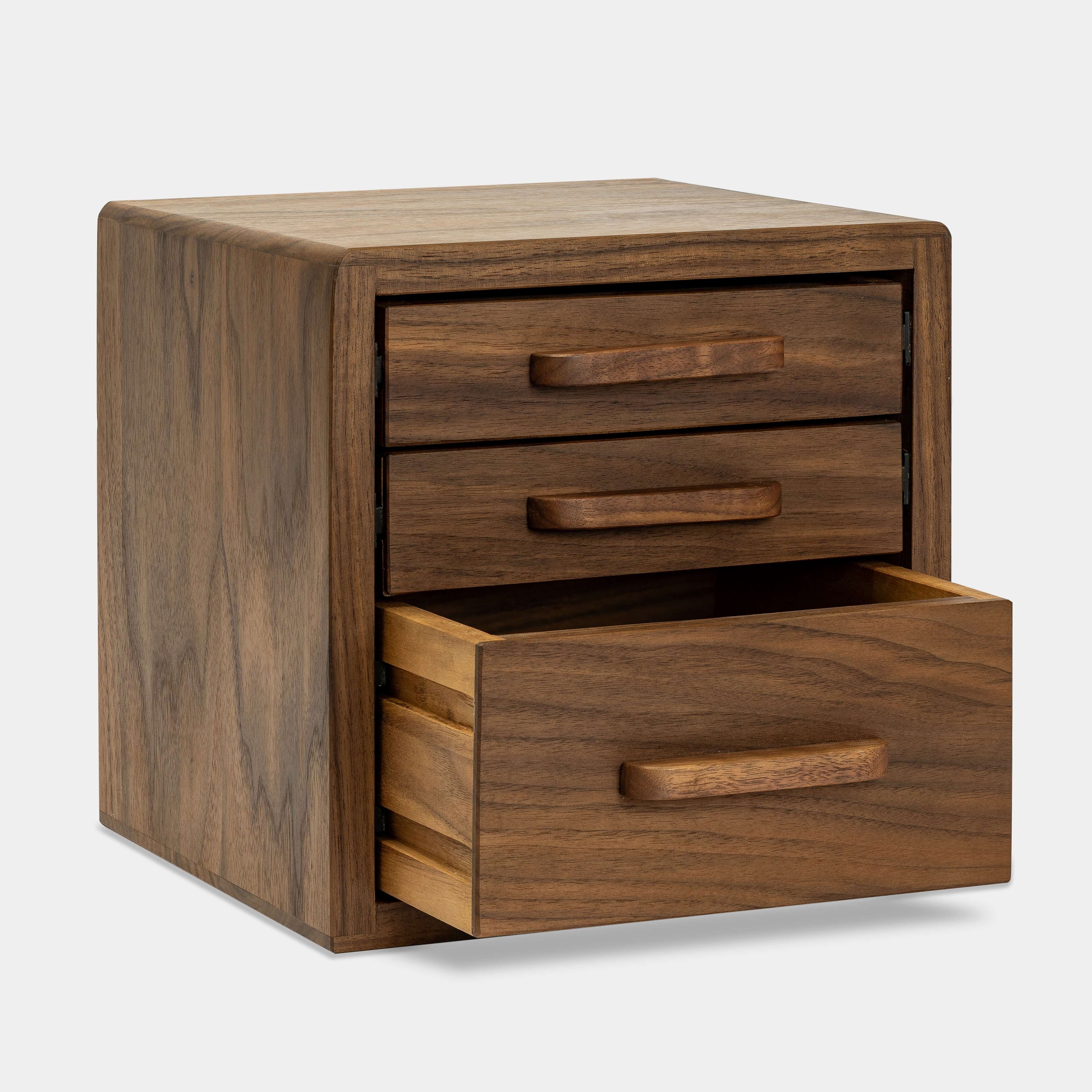Drawer Storage Organizer in walnut finish with two drawers open for organizing small accessories.