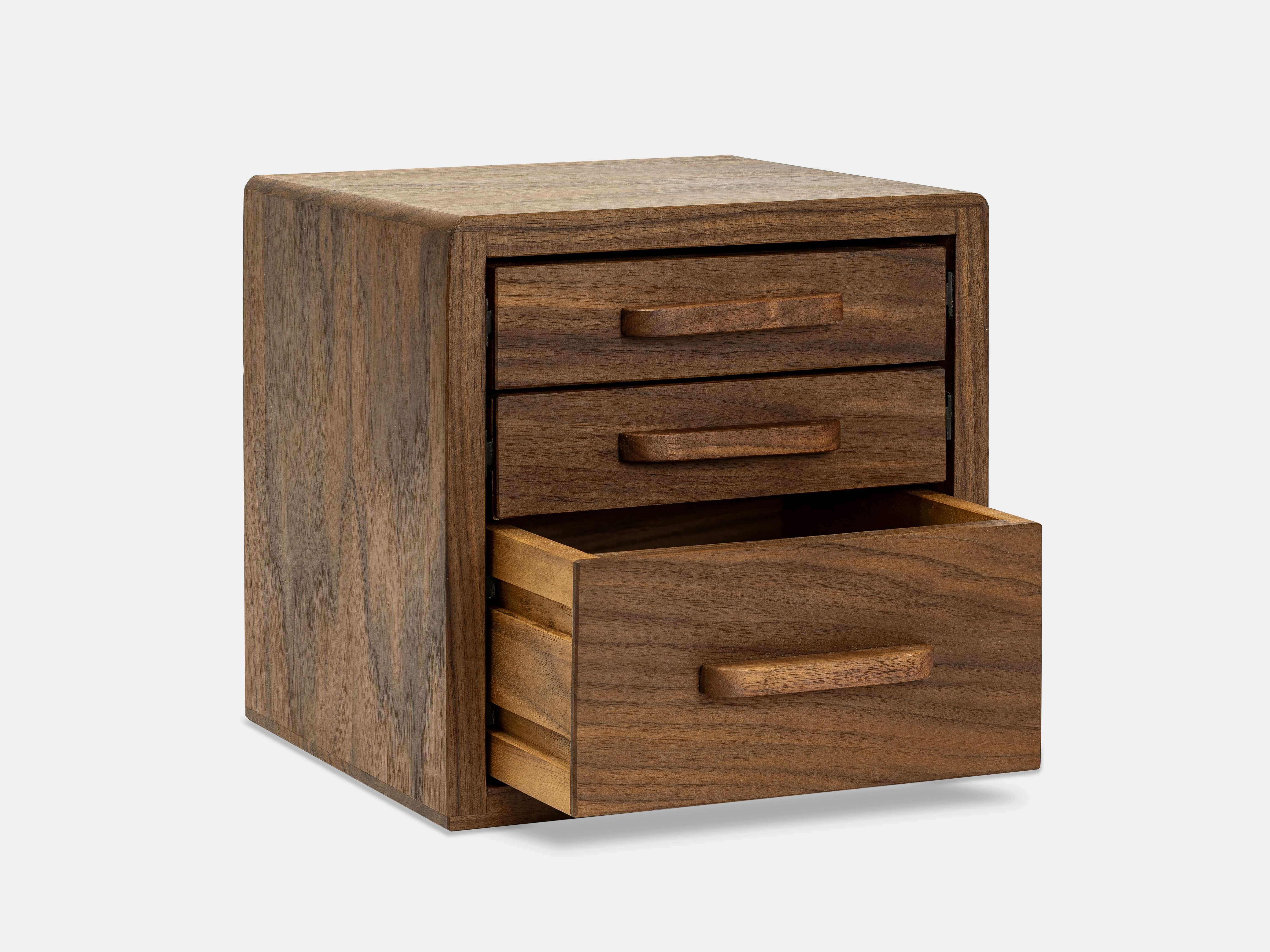 Drawer Storage Organizer in walnut finish with two drawers open for organizing small accessories.