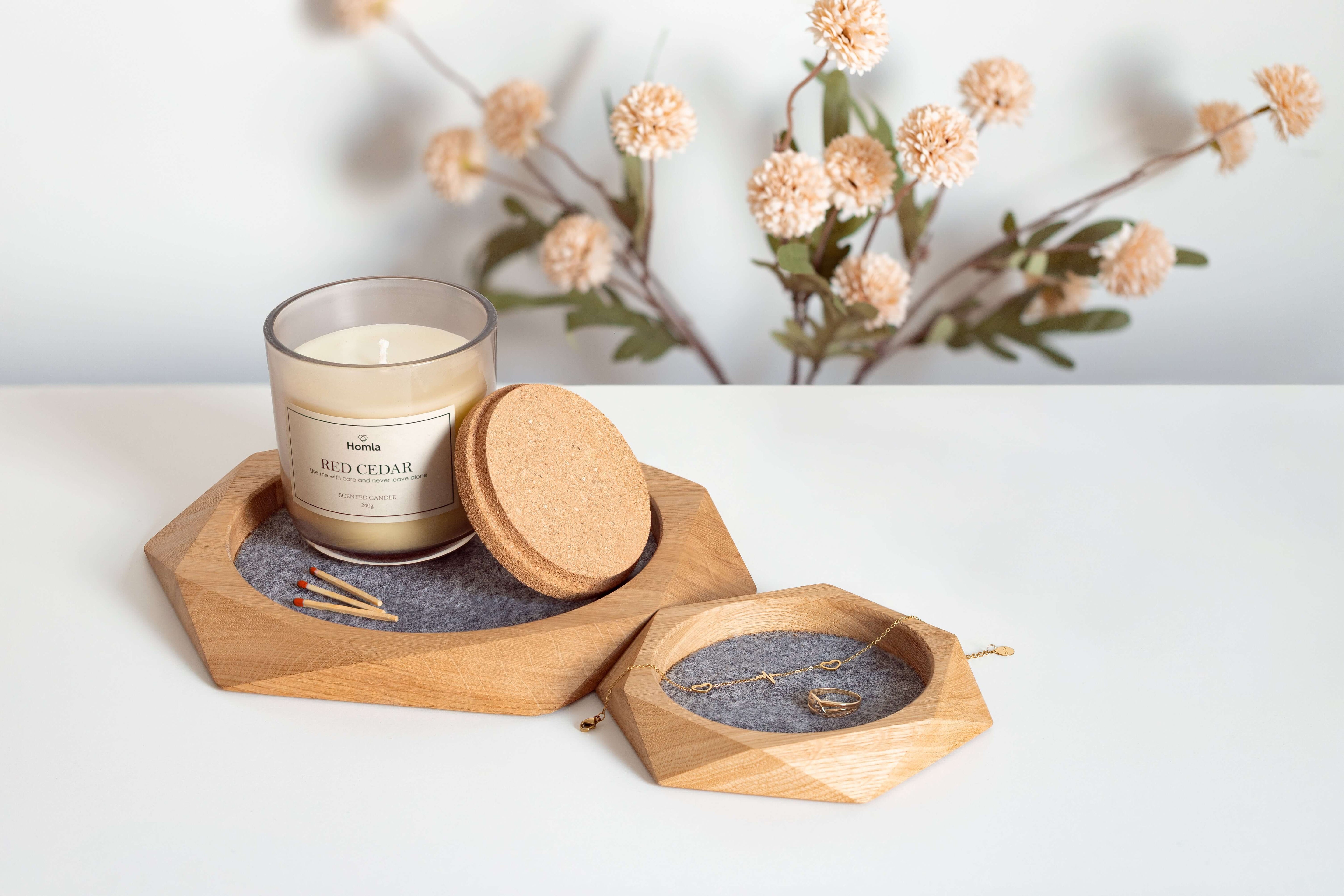 Geometric Wooden Tray made of oak with felt lining, showcasing a candle and organized jewelry.