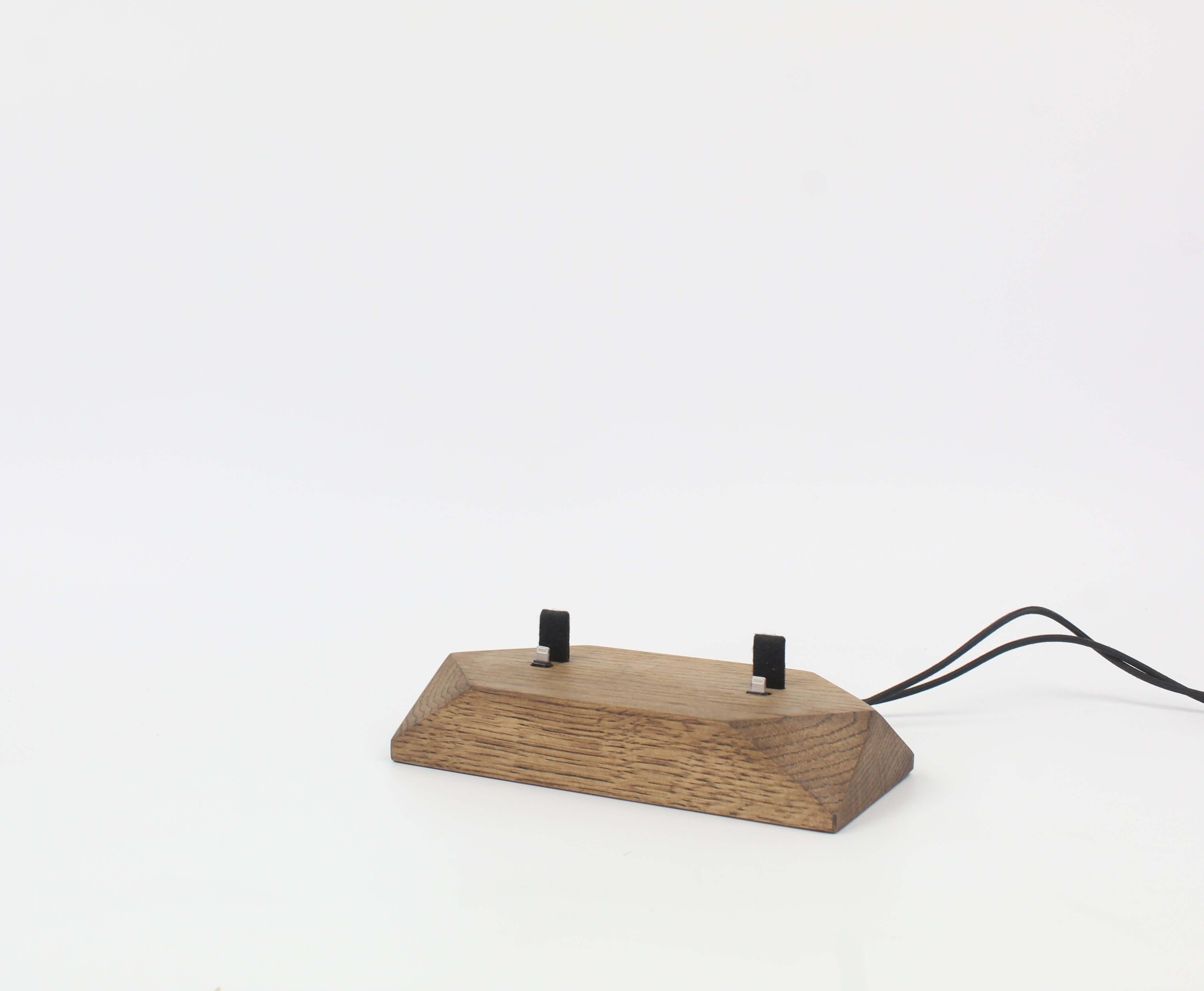 Dual Phone Dock in Brown Oak, stylish charging station for phones and headphones, clutter-free desk solution.