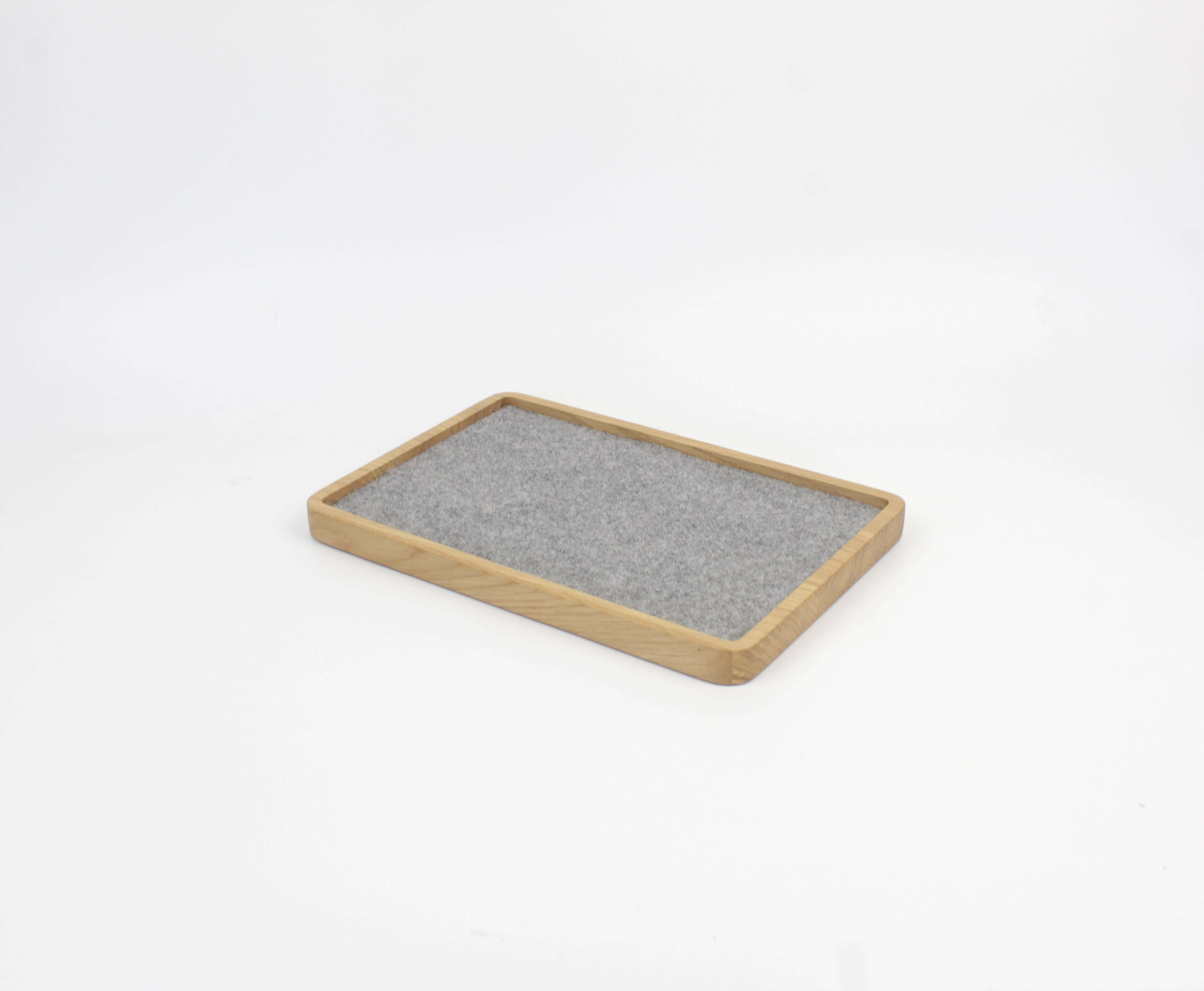 Large oak catch all tray with felt lining, perfect for organizing desk items, EDC essentials, and valet storage.