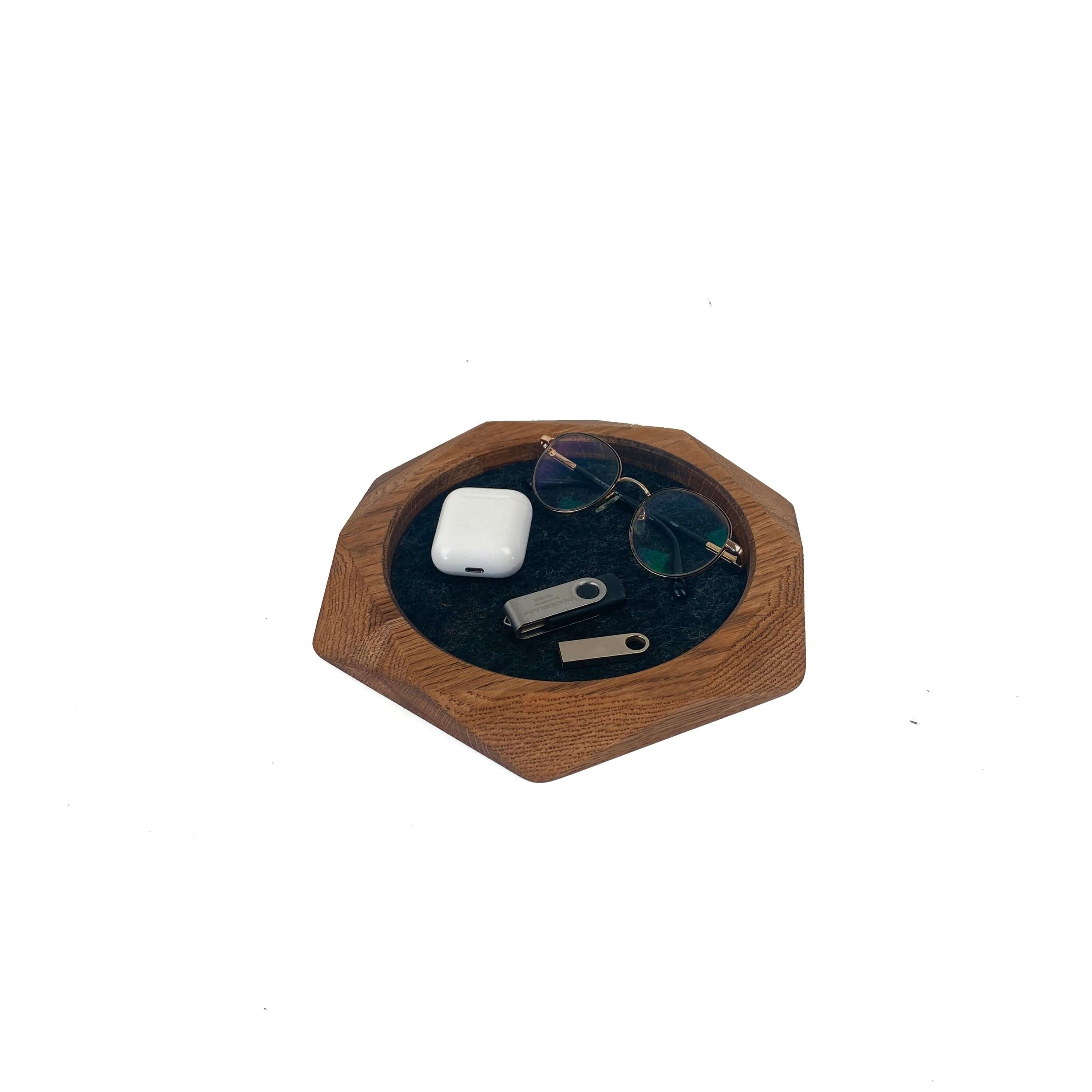 Geometric Wooden Tray made of brown oak, showcasing modern design with felt lining, great for organizing items.